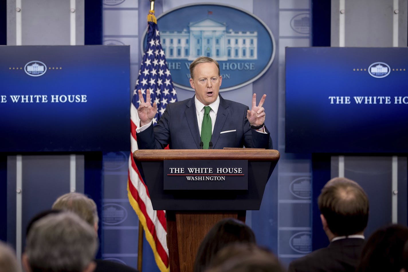 White House press secretary Sean Spicer talks to the media during the daily press briefing at the White House in Washington, Thursday, March 16, 2017. Spicer discussed President Donald Trump's assertion that former President Barack Obama wire tapped him, the Trump Administration's proposed budget, and other topics. (AP Photo/Andrew Harnik)