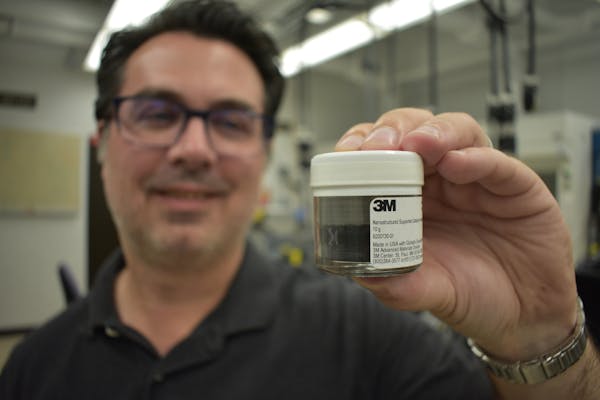 3M senior research scientist Andy Steinbach held a catalyst powder that promises to unlock lower-cost green hydrogen production.