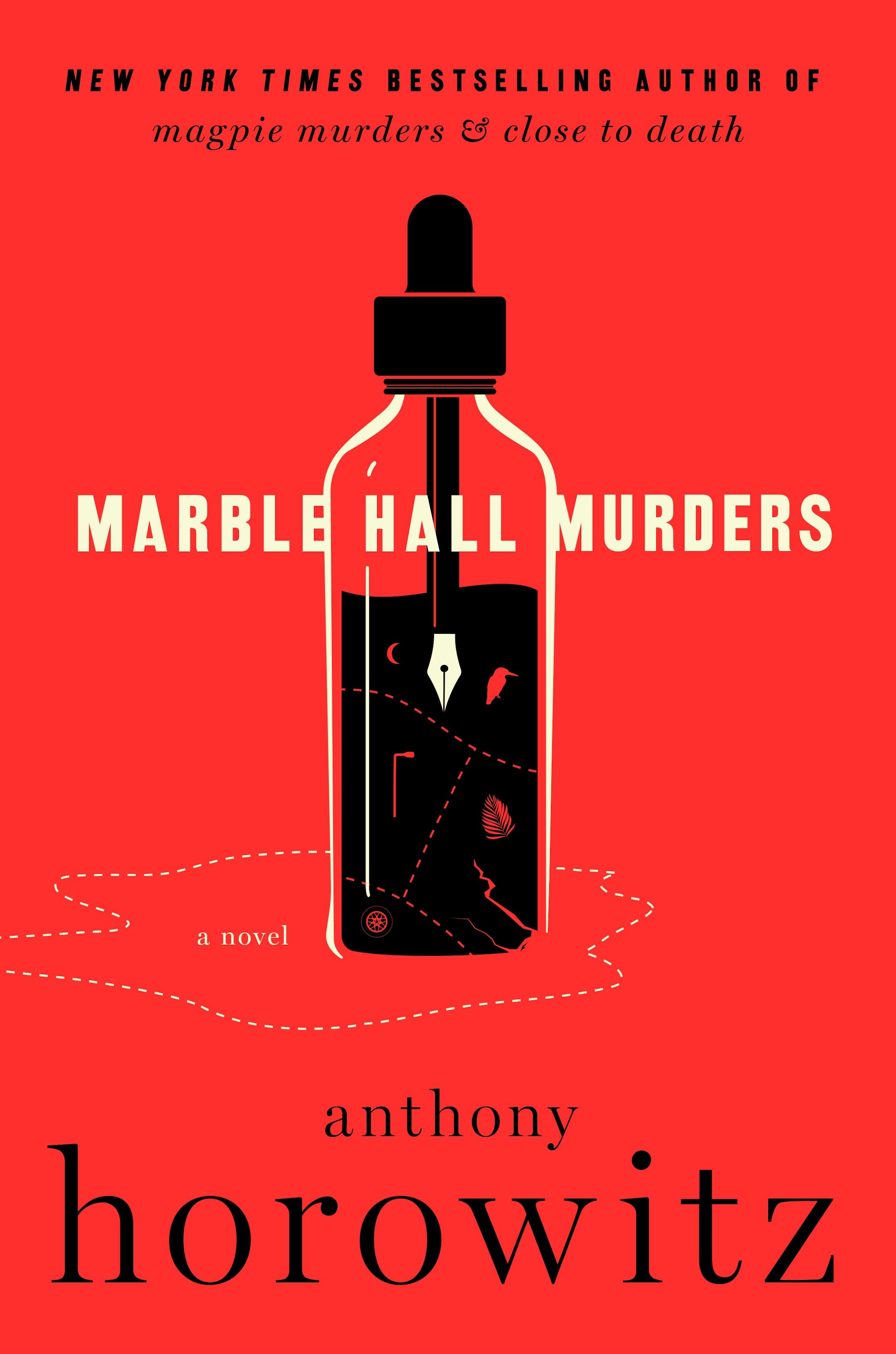 red cove of Marble Hall Murders features a drawing of a pen in an inkwell