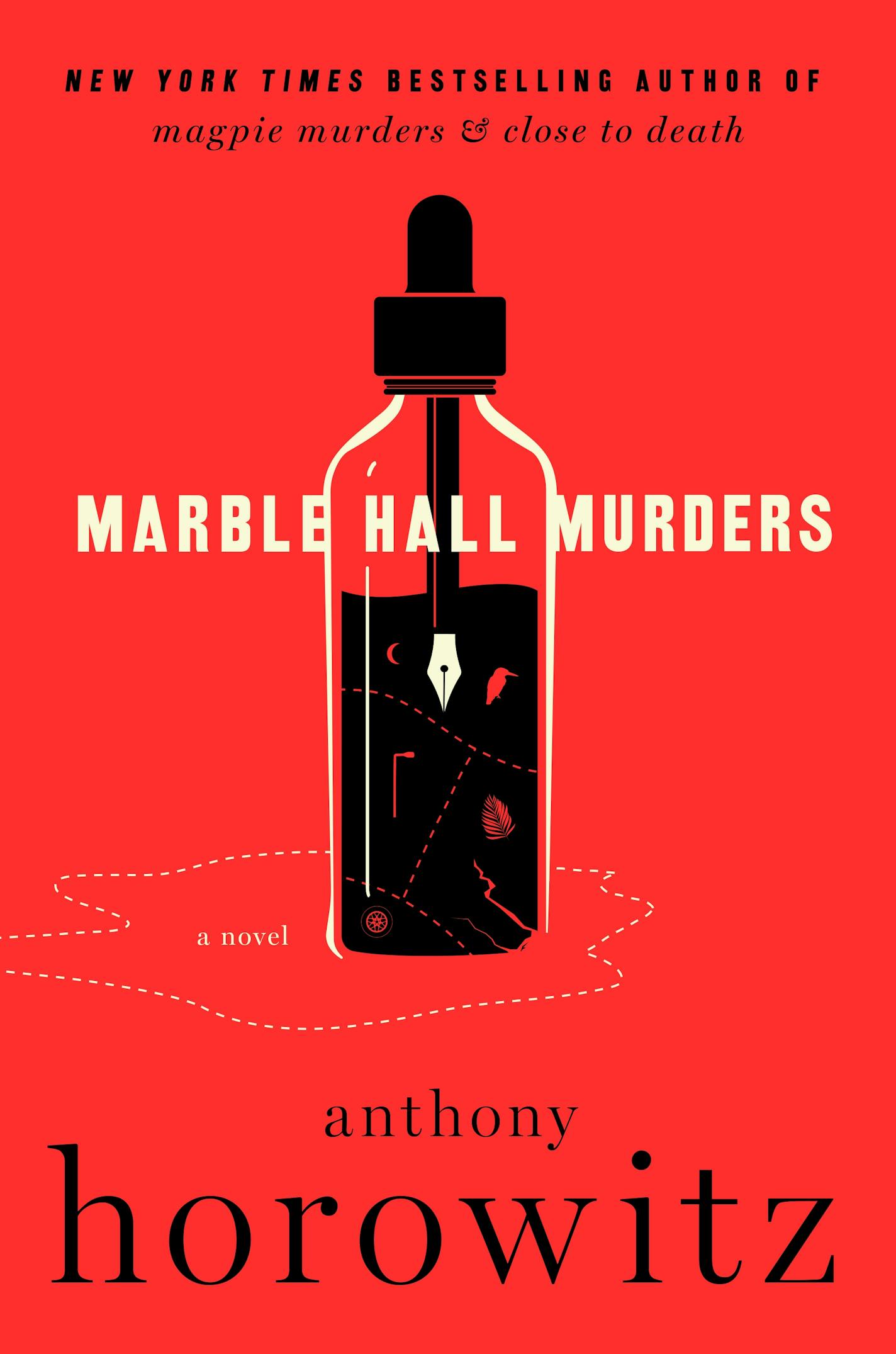 red cove of Marble Hall Murders features a drawing of a pen in an inkwell