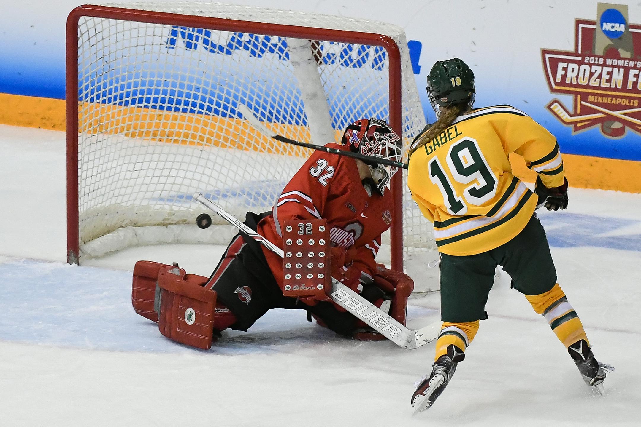 Clarkson Golden Knights forward Loren Gabel (19) scored a goal on Ohio State Buckeyes goaltender Kassidy SauvÈ (32) in overtime to win the game 1-0. ] AARON LAVINSKY ï aaron.lavinsky@startribune.com Clarkson played Ohio State University in a NCAA Women's Frozen Four semifinal game on Friday, March 16, 2018 at Ridder Arena in Minneapolis, Minn.