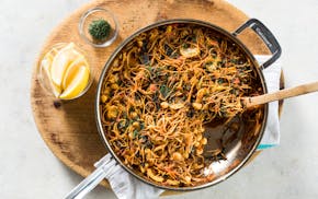 Fideos with Chickpeas, Fennel and Kale is a cousin of paella. From "The Complete Modern Pantry" by America's Test Kitchen (2022). Credit: Daniel J. va
