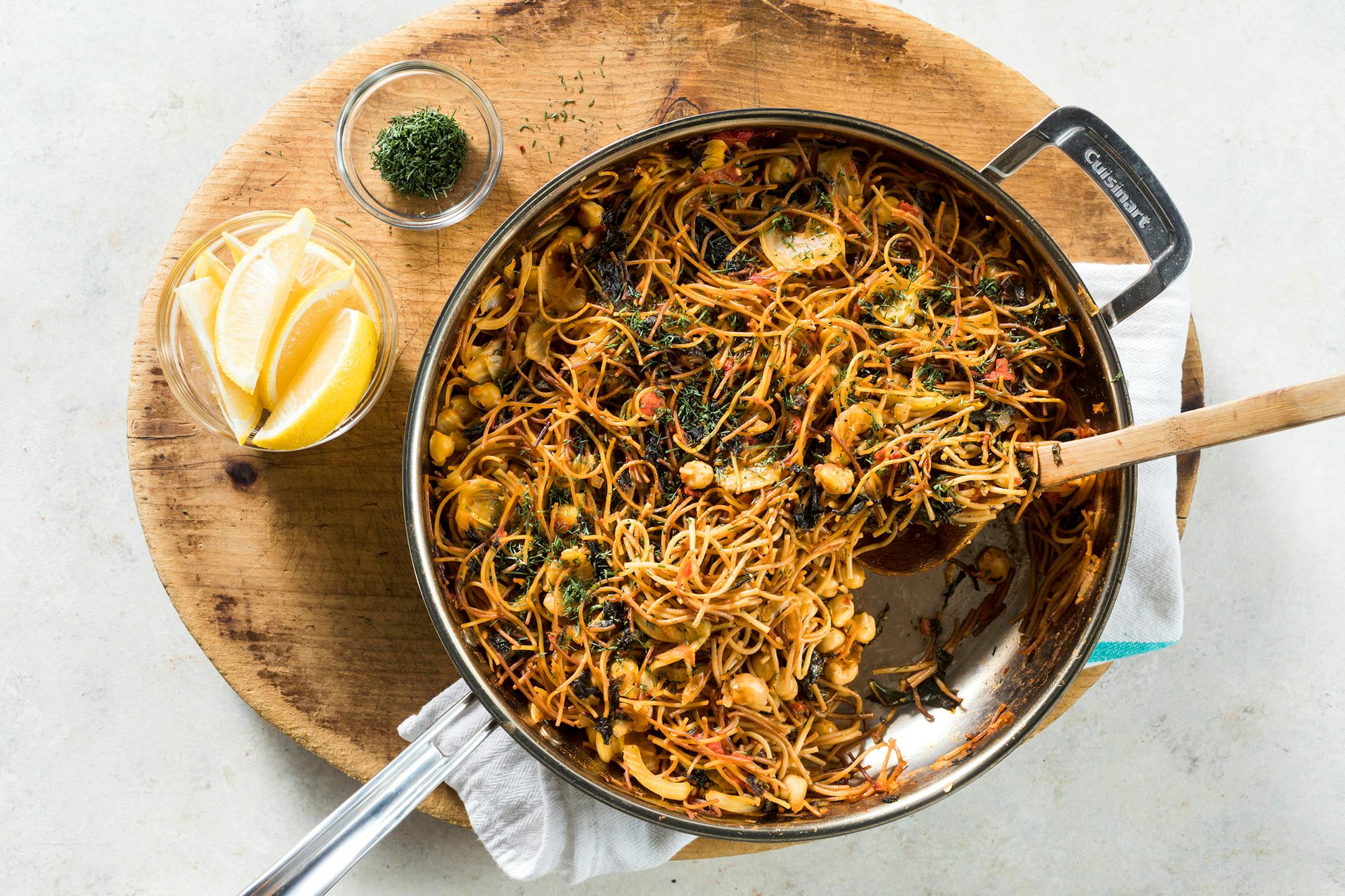 Fideos with Chickpeas, Fennel and Kale is a cousin of paella. From "The Complete Modern Pantry" by America's Test Kitchen (2022). Credit: Daniel J. van Ackere