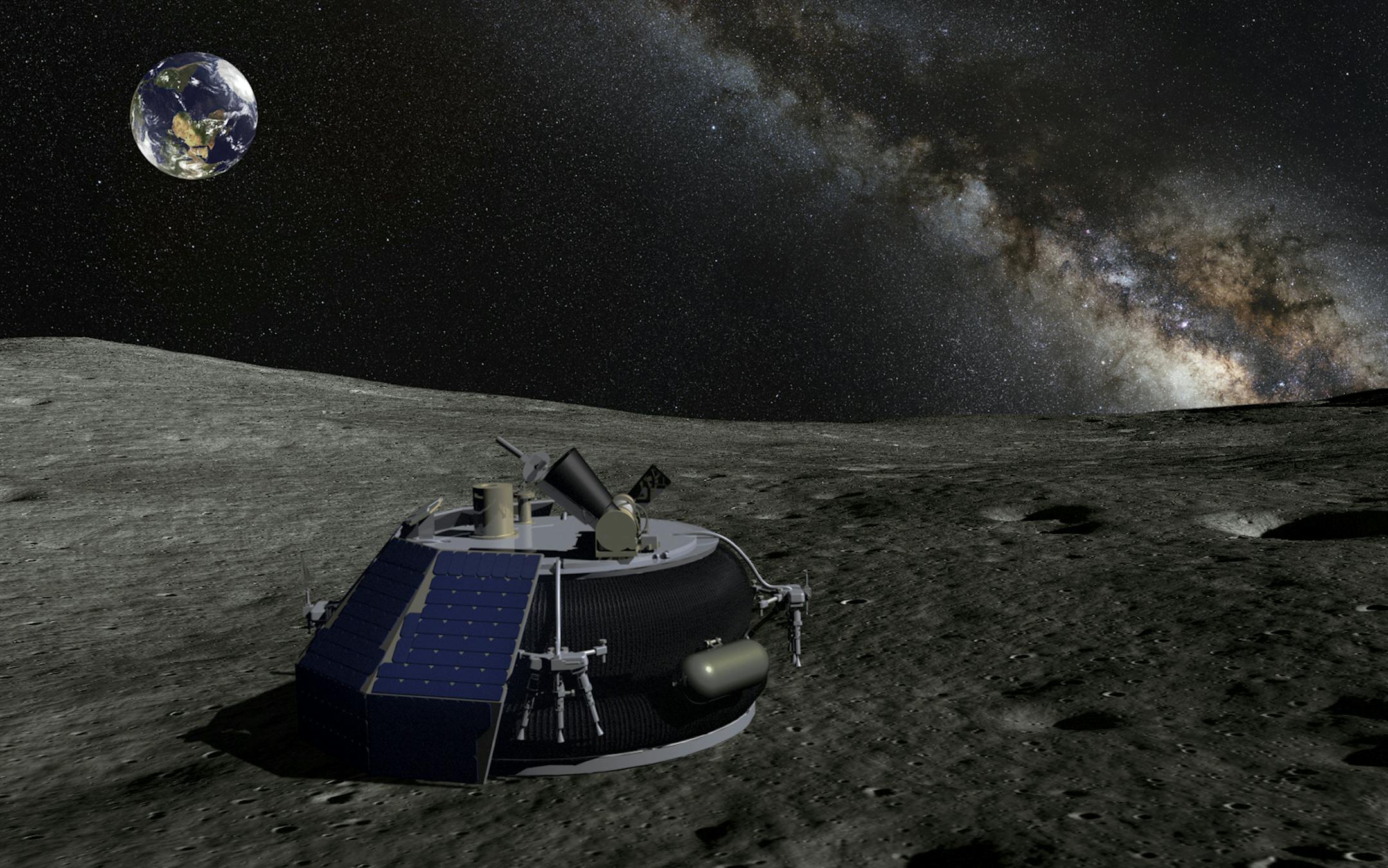 In an undated handout image, an artistís conception of Moon Expressís MX-1 lander on the moon. Moon Express, based in Cape Canaveral, Fla., announced Aug. 3, 2016, that it had received approval from the Federal Aviation Administration to set a robotic lander on the moon, a feat that would win the Google Lunar X Prize competition for the first private organization to reach the moon and an accompanying $20 million reward. (Moon Express via The New York Times) -- NO SALES; FOR EDITORIAL U