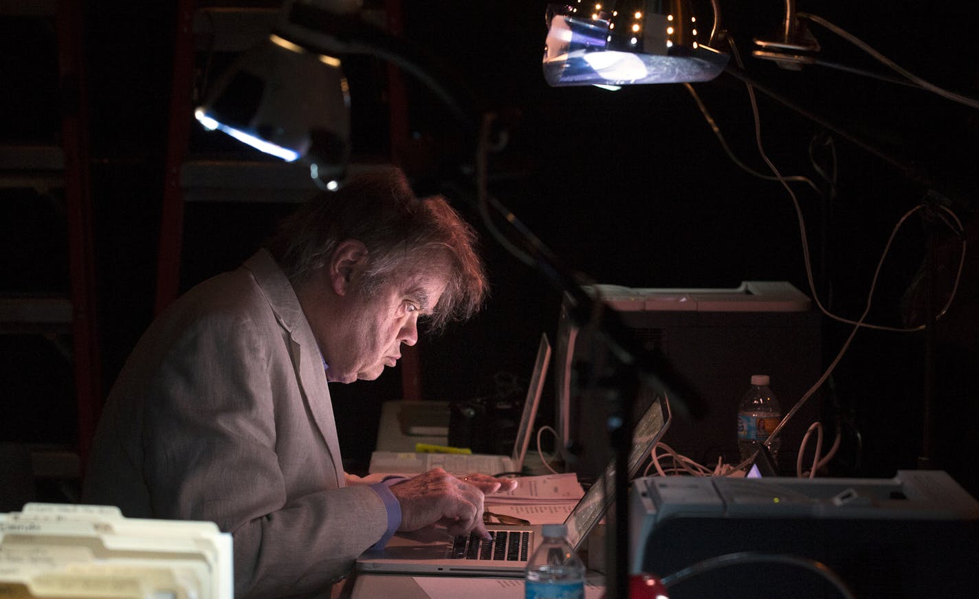 Garrison Keillor writes backstage before the show. ] (Leila Navidi/Star Tribune) leila.navidi@startribune.com BACKGROUND INFORMATION: The live broadcast for "A Prairie Home Companion" at the State Theatre in Minneapolis on Saturday, May 21, 2016. This is Garrison Keillor's last season on "A Prairie Home Companion."