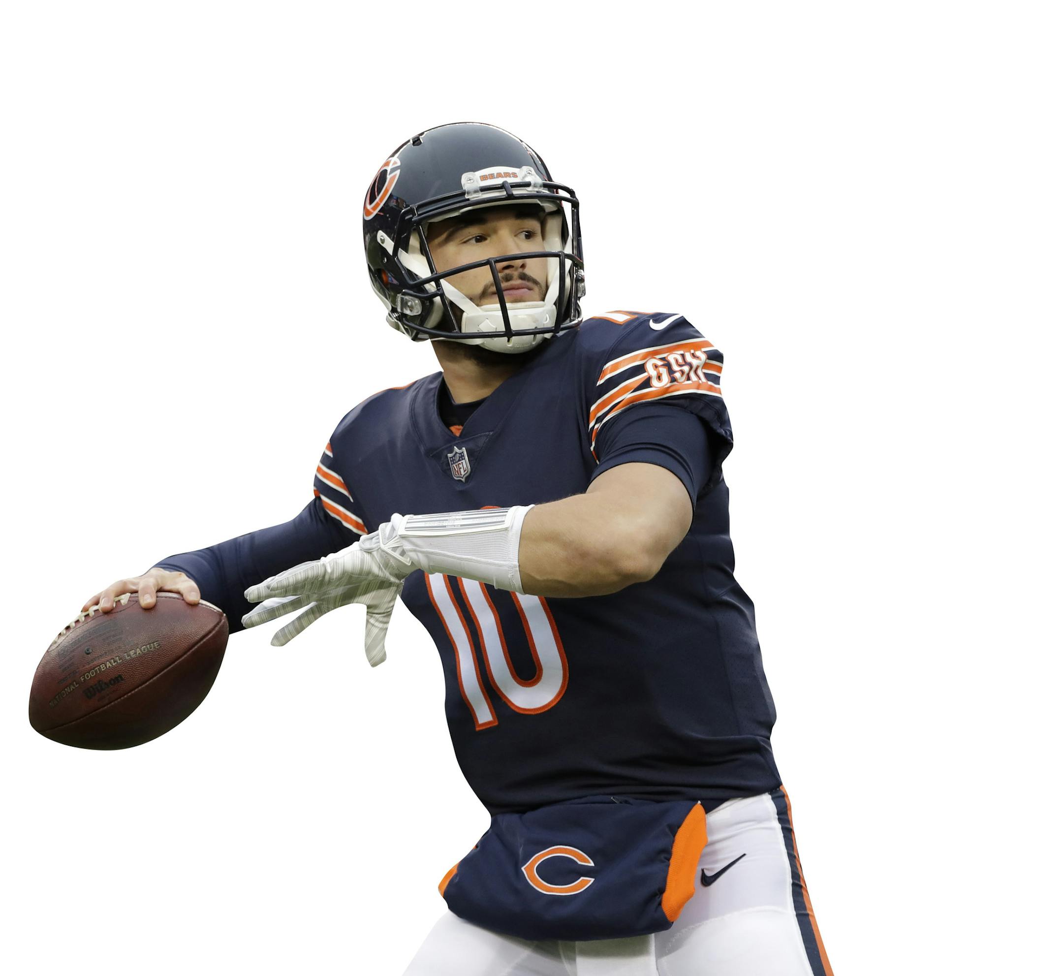 Chicago Bears quarterback Mitchell Trubisky (10) warms up before an NFL wild-card playoff football game against the Philadelphia Eagles Sunday, Jan. 6, 2019, in Chicago. (AP Photo/Nam Y. Huh) ORG XMIT: CXB1
