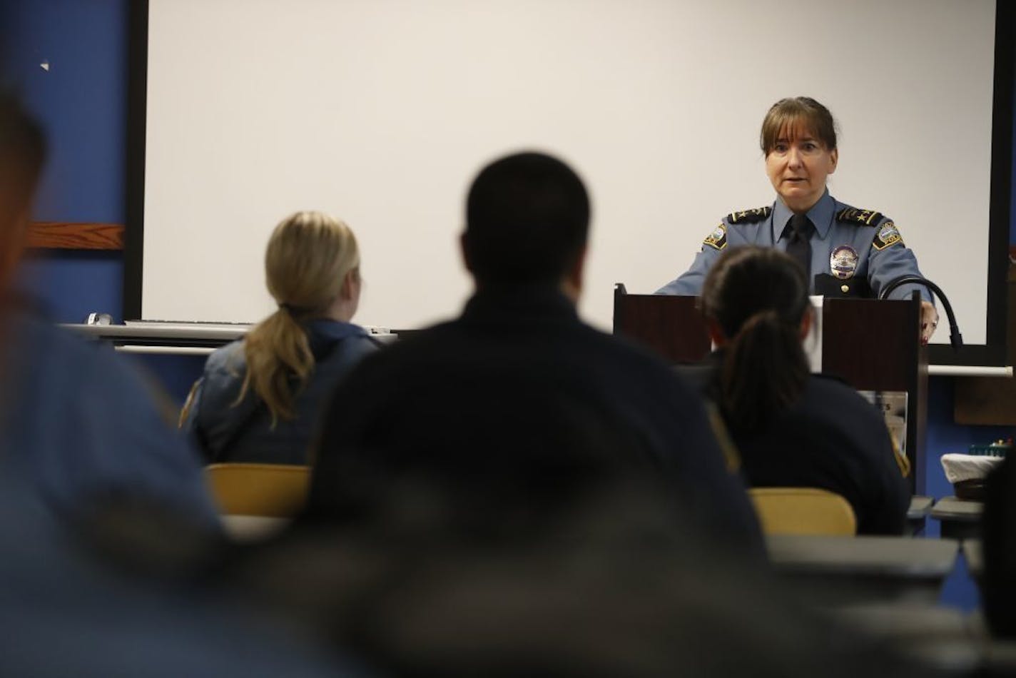 Assistant Chief Kathy Wuorinen attended a roll call at the Western District Office. She is the highest ranking female officer to ever serve with St. Paul police, will retire next week. Wuorinen has also served as interim chief.