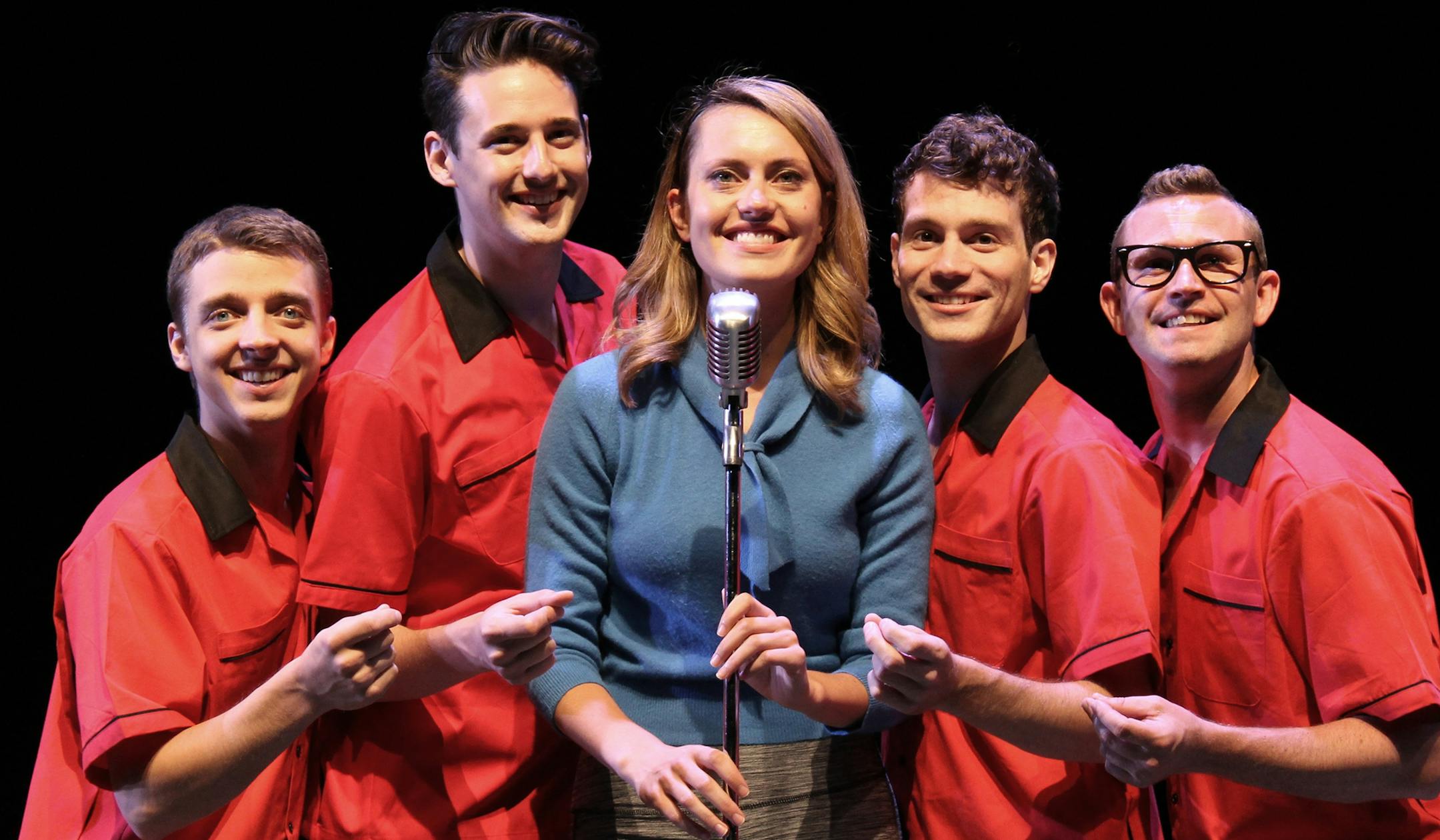 L-R Brian Pekol, John Jeffords, Stephanie Cousins, Lucas Wells, Brian Winter star in "Life Could Be a Dream" at Old Log Theatre. Photo credit: Old Log Theatre