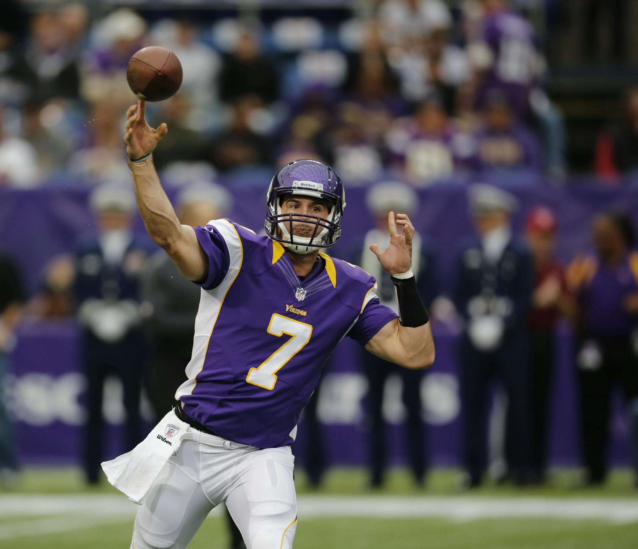 The Minnesota Vikings met the Arizona Cardinals in an NFL game October 21, 2012 at Mall of America Field in Minneapolis, Minn. Vikings quarterback Christian Ponder warmed up before Sunday's game against the Cardinals.