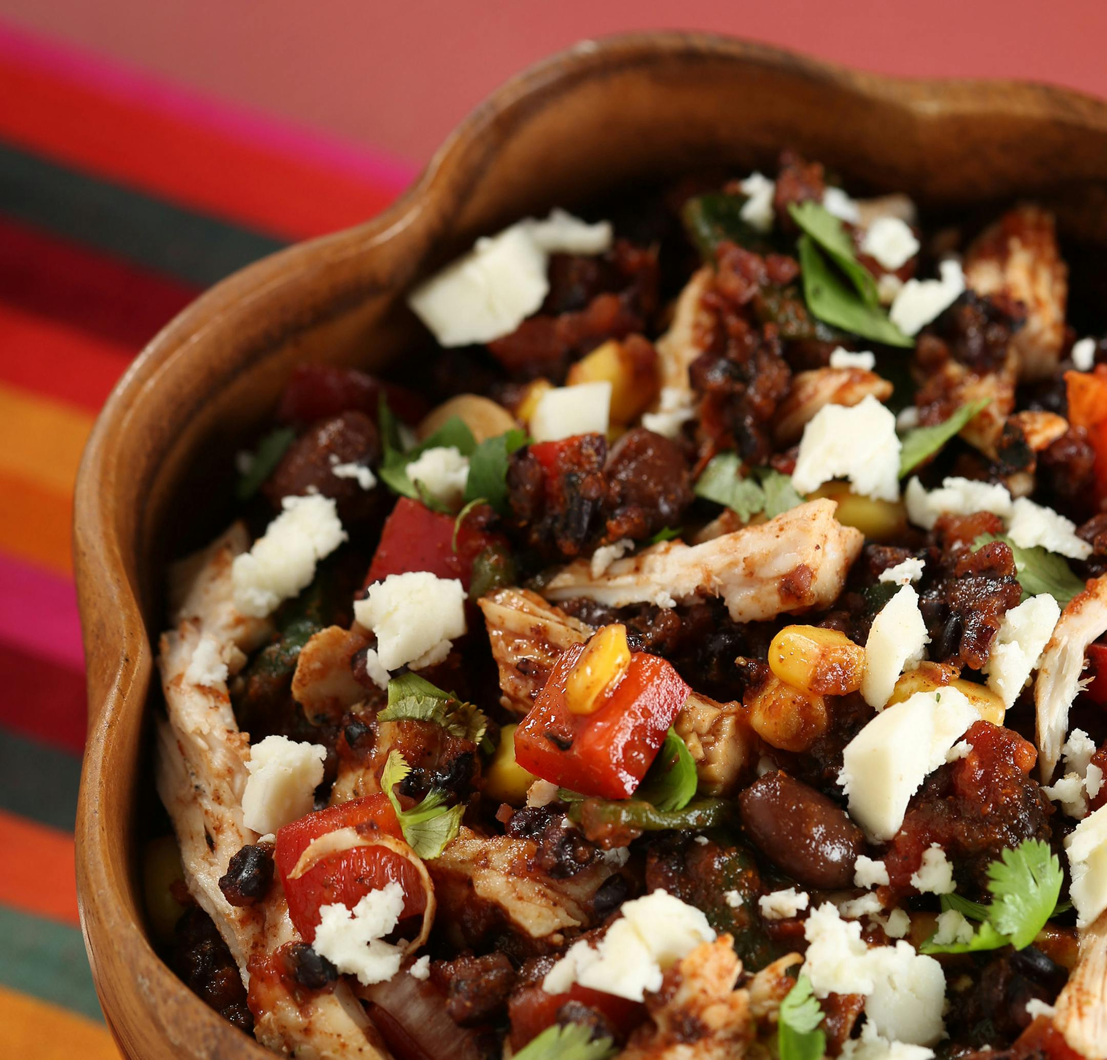 Black beans and black rice combine in a main dish that also packs in poblanos, corn, red peppers, queso fresco and more.