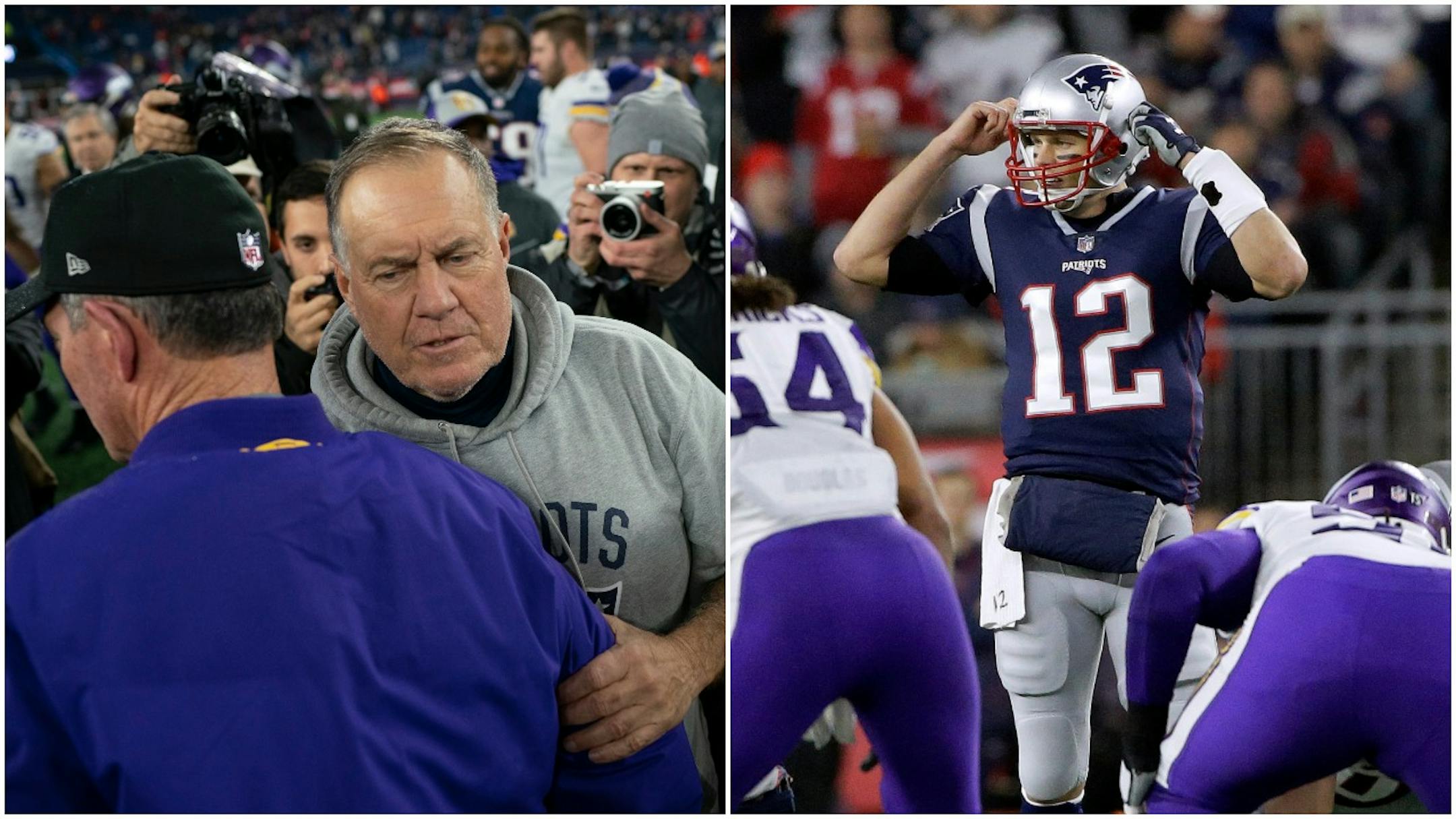 Patriots coach Bill Belichick chatted with Mike Zimmer after New England's victory Sunday; Tom Brady worked the line of scrimmage Sunday during the game.