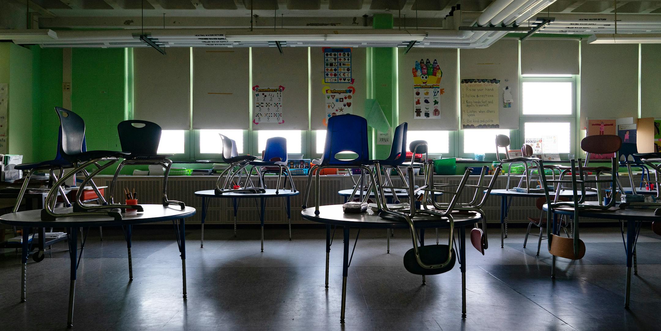 FILE -- An empty classroom at Sinclair Lane Elementary School, which has been closed since mid-March, in Baltimore on April 14, 2020. The parents of millions of American schoolchildren are not fluent in English, presenting an extra challenge to learning at home during the coronavirus outbreak. (Erin Schaff/The New York Times)