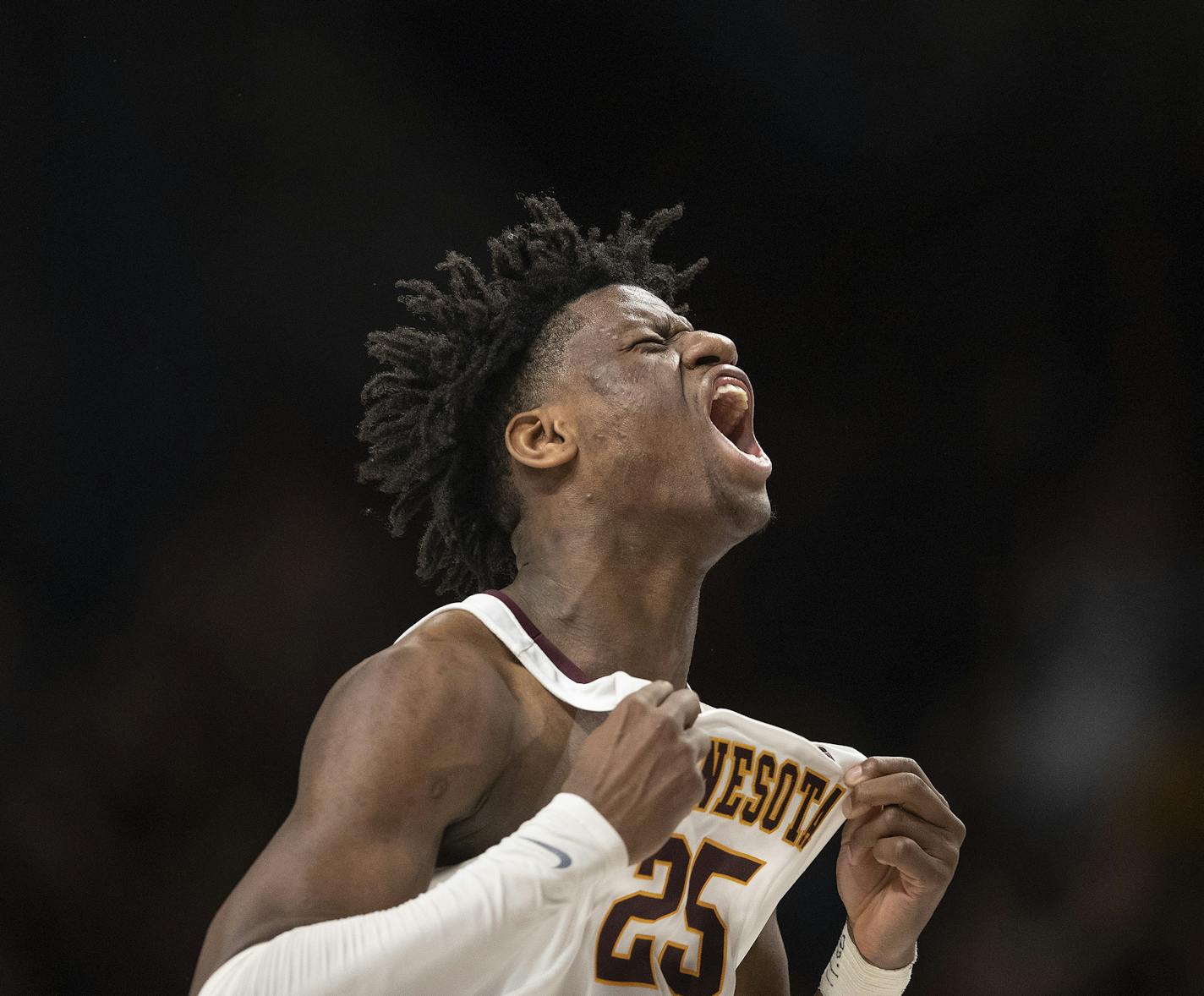 Minnesota Golden Gophers center Daniel Oturu (25) reacted after his team hit back to back 3 point shots.] Jerry Holt &#x2022;Jerry.Holt@startribune.com The Iowa Hawkeyes defeated the University of Minnesota 58-55 at Williams Arena Sunday February 16, 2020 in Minneapolis MN. ORG XMIT: MIN2002161503271588