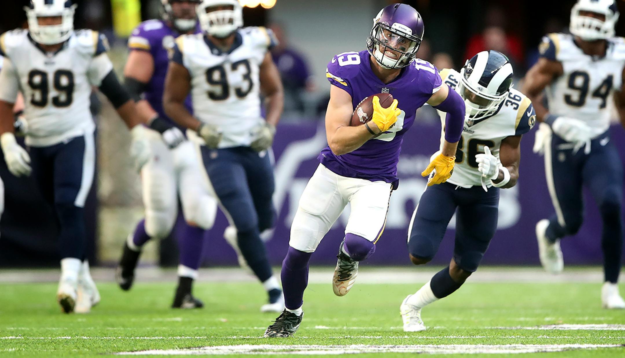 Minnesota Vikings wide receiver Adam Thielen (19) scored on a 65 yard catch in the forth quarter at U.S. Bank Stadium Sunday November 19, 2017 in Minneapolis, MN.