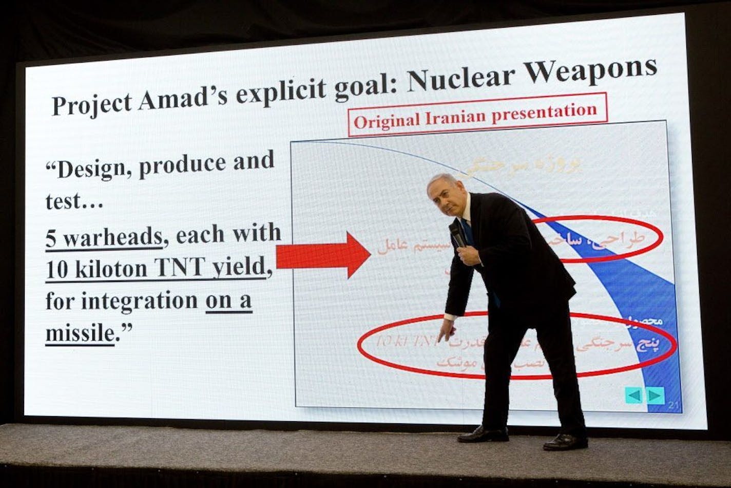 Israeli Prime Minister Benjamin Netanyahu presents material on Iranian nuclear weapons development during a press conference in Tel Aviv, Monday, April 30 2018. Netanyahu says his government has obtained "half a ton" of secret Iranian documents proving the Tehran government once had a nuclear weapons program. Calling it a "great intelligence achievement," Netanyahu said Monday that the documents show that Iran lied about its nuclear ambitions before signing a 2015 deal with world powers.