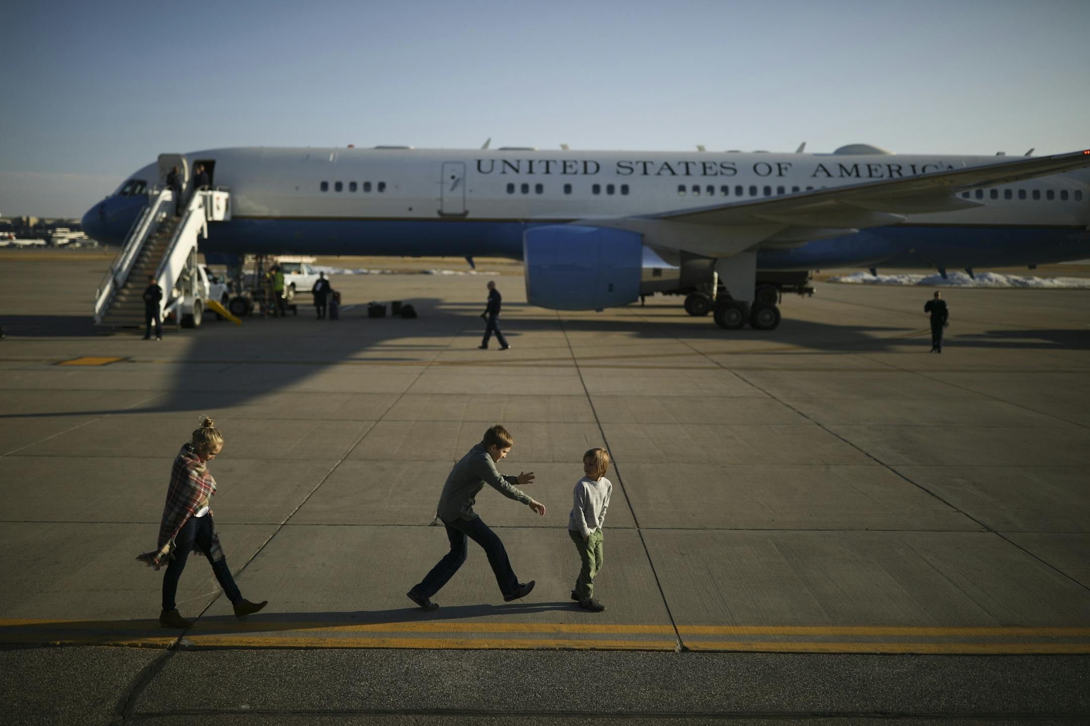 Children of guests who had greeted Vice President Mike Pence upon his arrival waited before they had a chance to tour Air Force Two, parked at the Minnesota National Guard - 934th Airlift Wing.