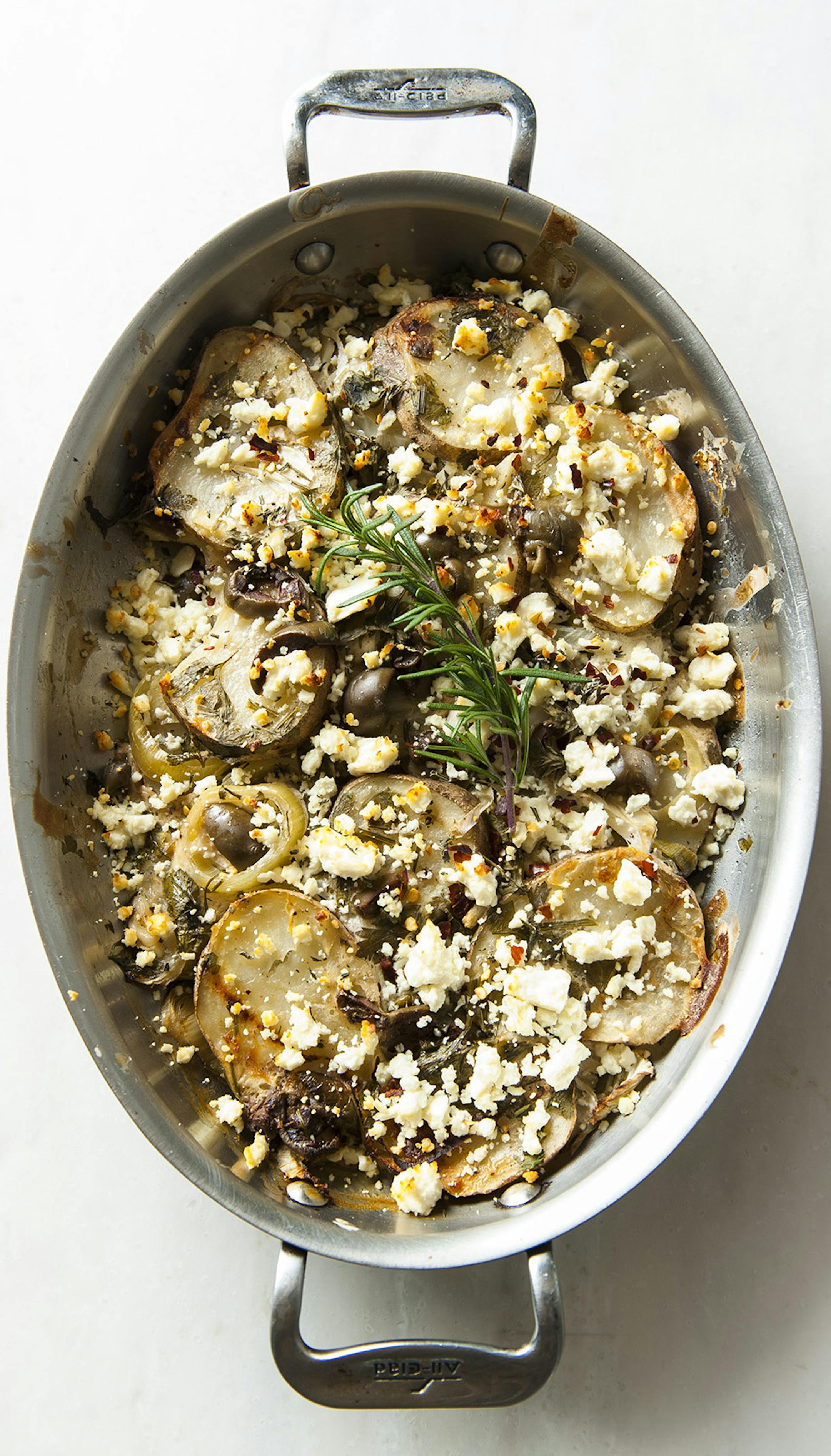 Winter Gratin of Potatoes, Leeks, Feta and Olives.