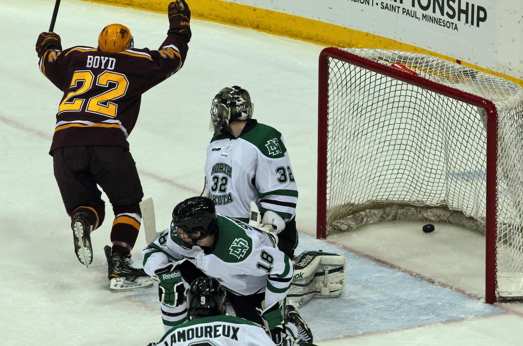 The Gophers' Travis Boyd started to celebrate his second-period goal after beating North Dakota goalie Aaron Dell.