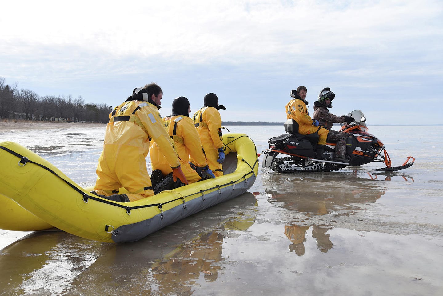 A Kelliher Fire and Rescue team leaves shore Monday to search for two missing people who were fishing Upper Red Lake. The bodies of Melissa Marie Seidenstricker and Zeth Grey Knyphausen were found later that afternoon. (Jordan Shearer | Bemidji Pioneer)