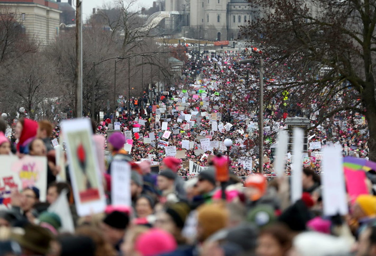 Seen from the Capitol, a sea of protesters covered the nearby streets and Capitol grounds at the Women's March Minnesota Saturday, Jan. 21, 2017, in St. Paul.