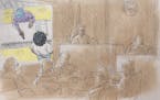 This courtroom sketch shows surveillance video being played of the robbery four days before Philando Castile was stopped because, Officer Jeronimo Yan