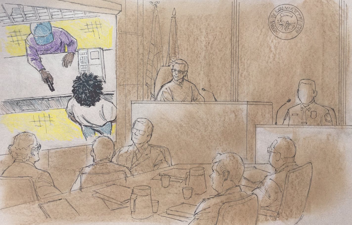 This courtroom sketch shows surveillance video being played of the robbery four days before Philando Castile was stopped because, Officer Jeronimo Yanez said, Castile resembled the robbery suspect.