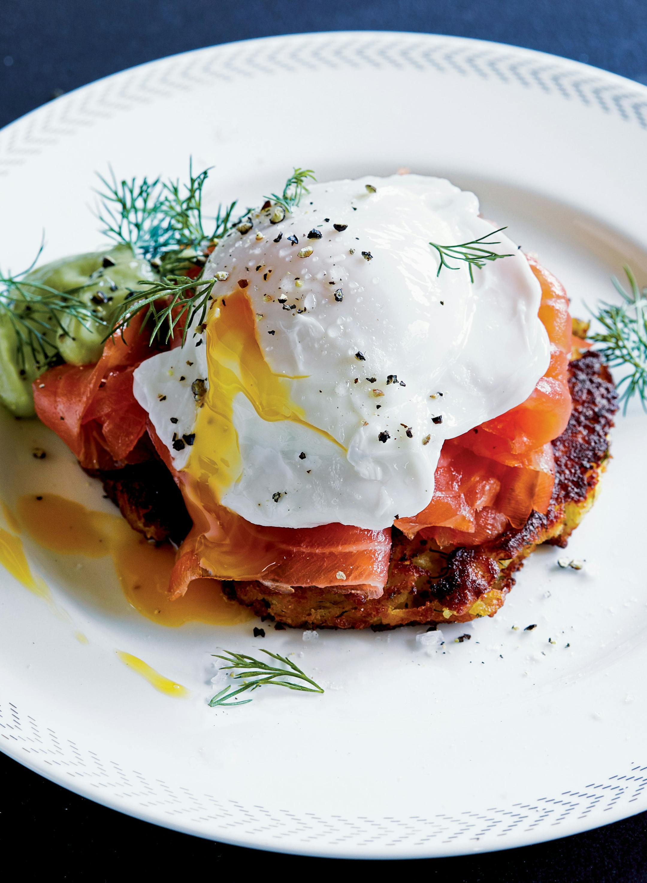 Smoked Salmon Eggs Benedict with Potato Pancakes from "Great Tastes." Reprinted from Great Tastes. Copyright © 2017 by Danielle Kosann and Laura Kosann. Photographs copyright © 2017 by Aubrie Pick. Published by Clarkson Potter/Publishers, an imprint of Penguin Random House, LLC.