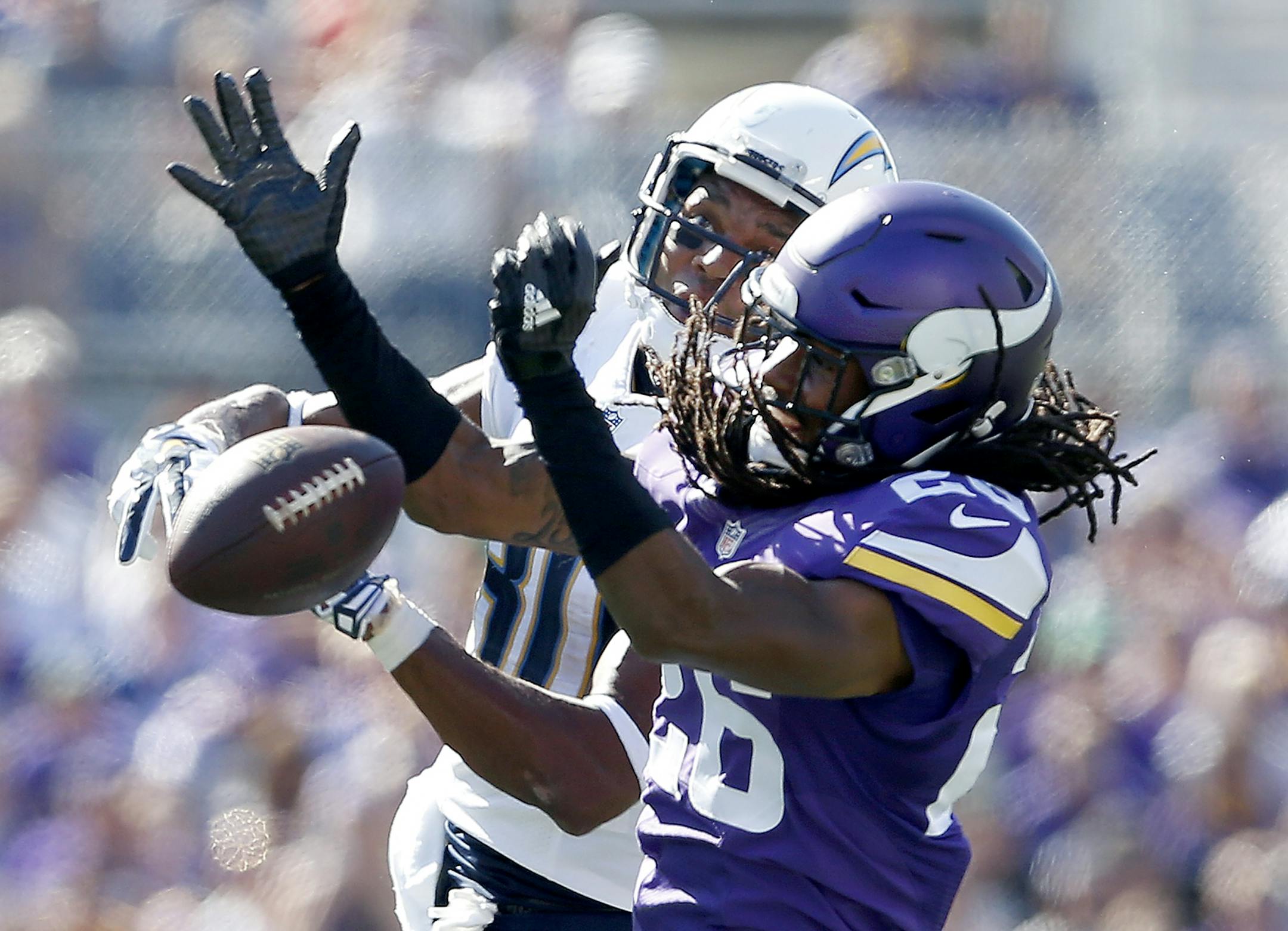 Minnesota Vikings cornerback Trae Waynes (26) broke up a pass intended for Malcom Floyd (80) in the fourth quarter.