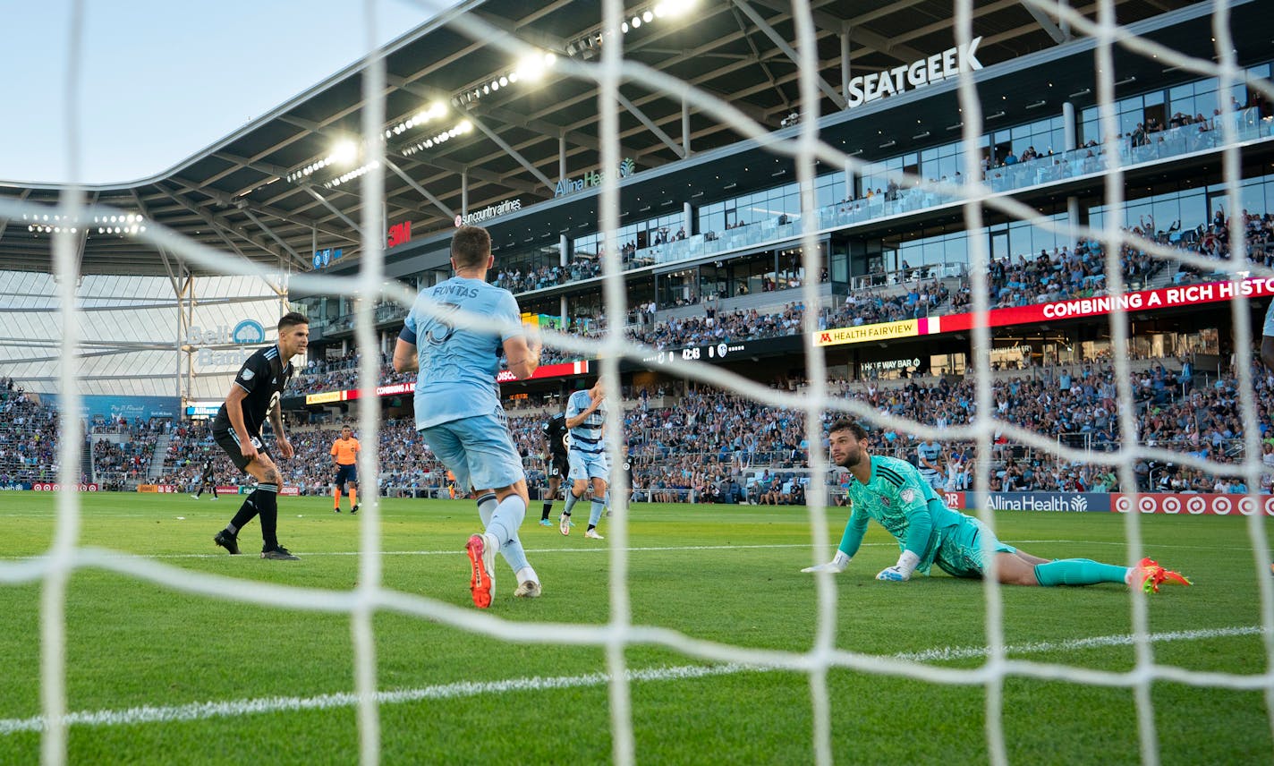 Sporting Kansas City goalkeeper John Pulskamp and defender Andreu Fontàs reacted to an own goal by Fontàs in the first half Wednesday night at Allianz Field