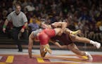 The Gophers' Devin Skatzka scored two points on a takedown over Joe Grello of Rutgers in their 174-pound match at Maturi Pavilion on Sunday. The Gophe