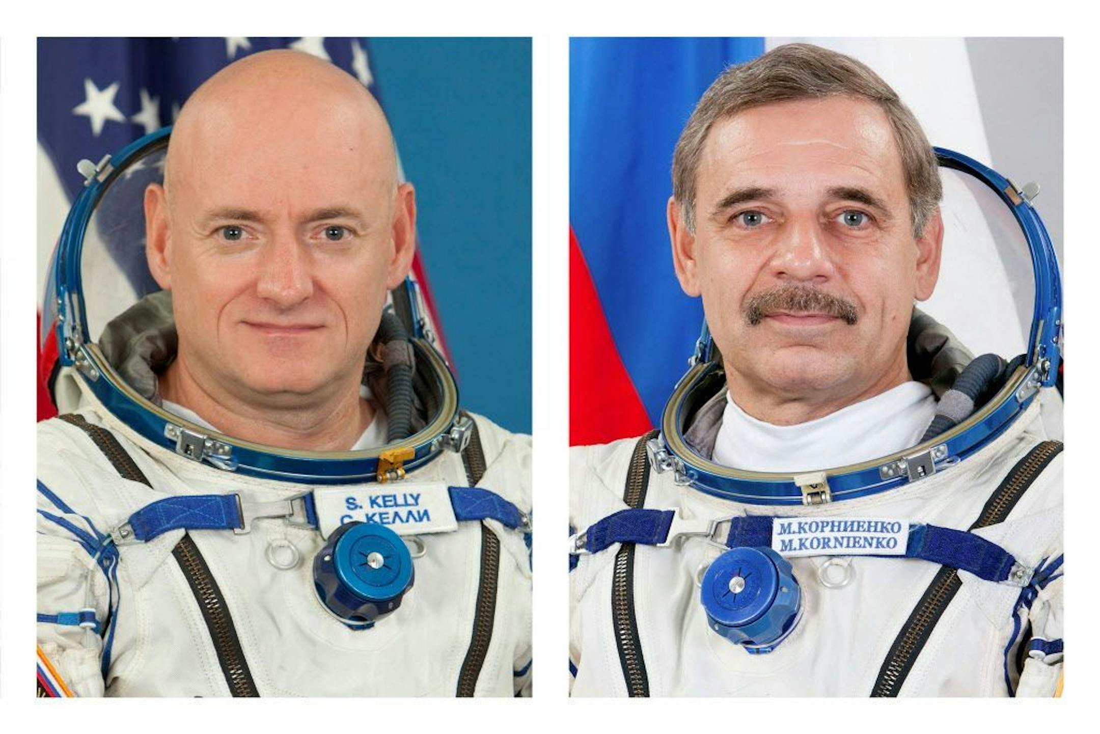 Astronaut Scott Kelly, left, and cosmonaut Mikhail Kornienko.