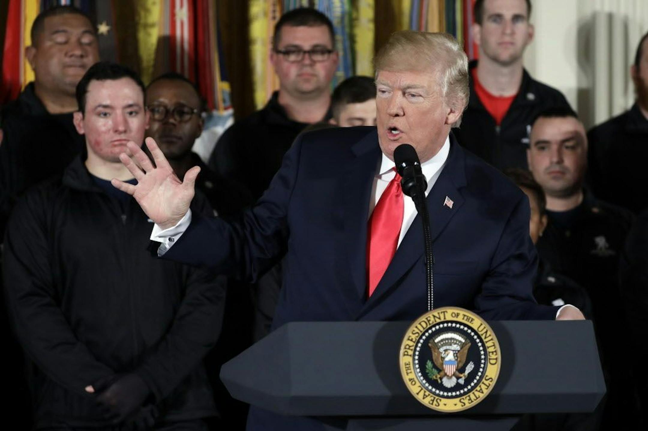 President Donald Trump speaks during an event for the Wounded Warrior Project Soldier Ride in the East Room of the White House, Tuesday, April 26, 2018, in Washington.