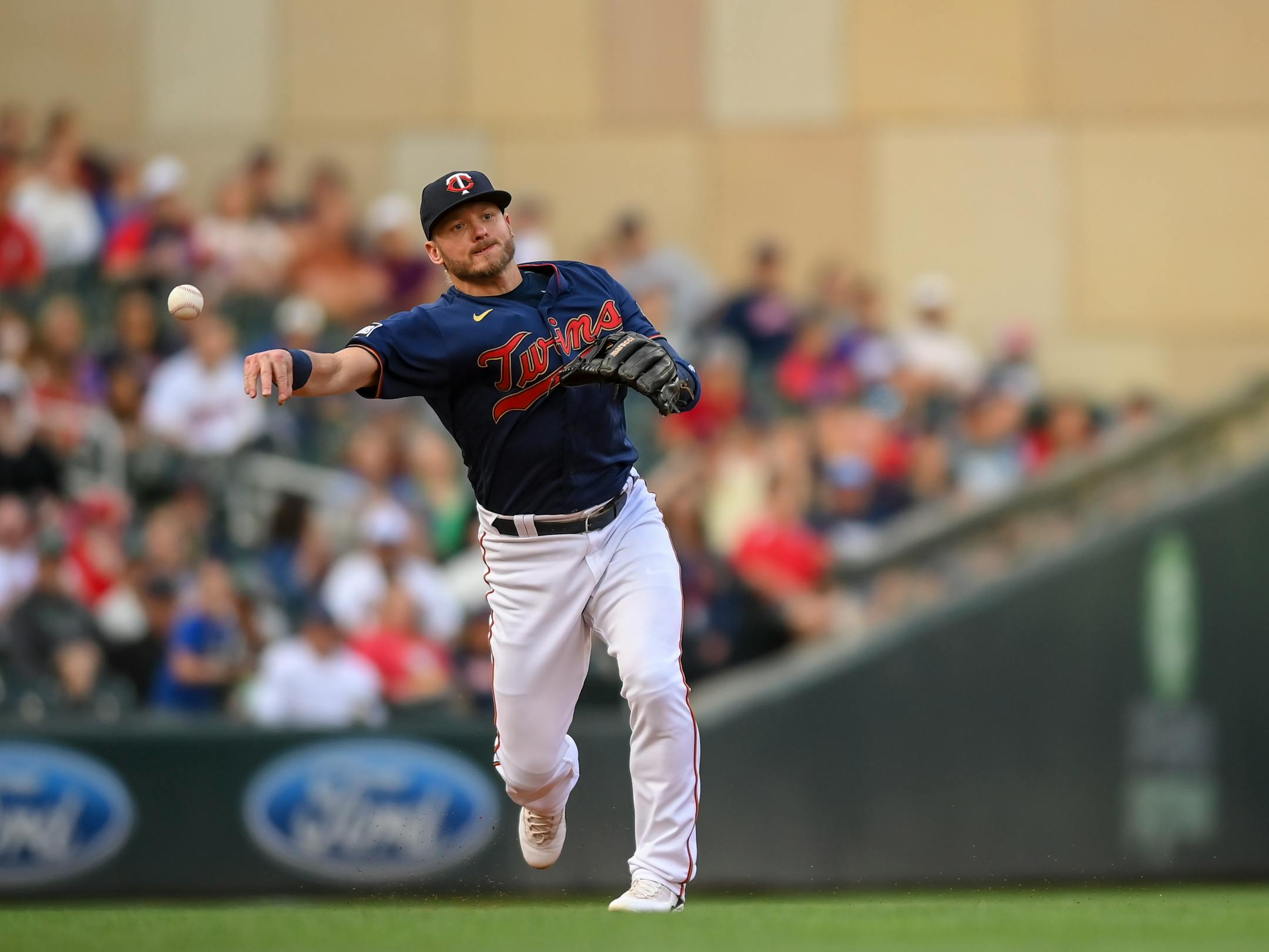 Minnesota Twins third baseman Josh Donaldson (20) threw out Detroit Tigers third baseman Niko Goodrum (28) after a ground ball hit to Donaldson in the top of the third inning.
