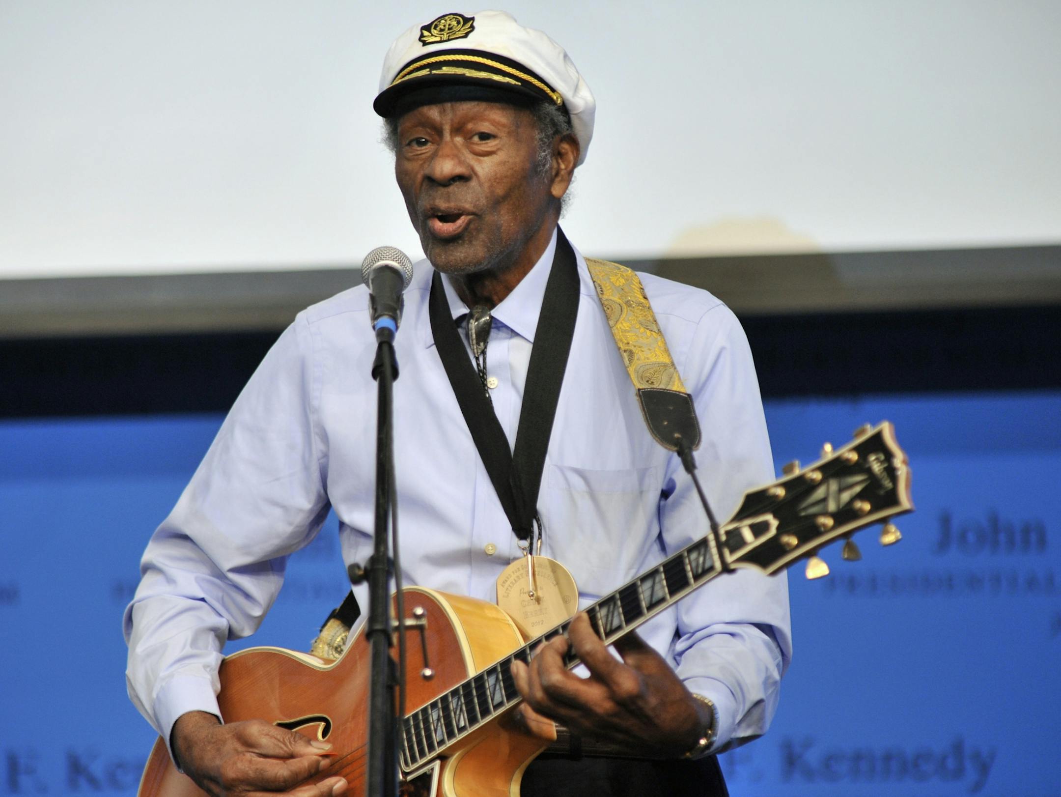FILE - In this Feb. 26, 2012 file photo, rock 'n' roll legend Chuck Berry performs "Johnny B. Goode" at the John F. Kennedy Presidential Library and Museum in Boston. Berry is set to release his first new studio album in more than 35 years. The album, titled "Chuck," will be available in 2017.