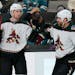 Arizona Coyotes defenseman Janis Moser, left, is congratulated by Phil Kessel (81) after scoring a goal against the San Jose Sharks during the second 