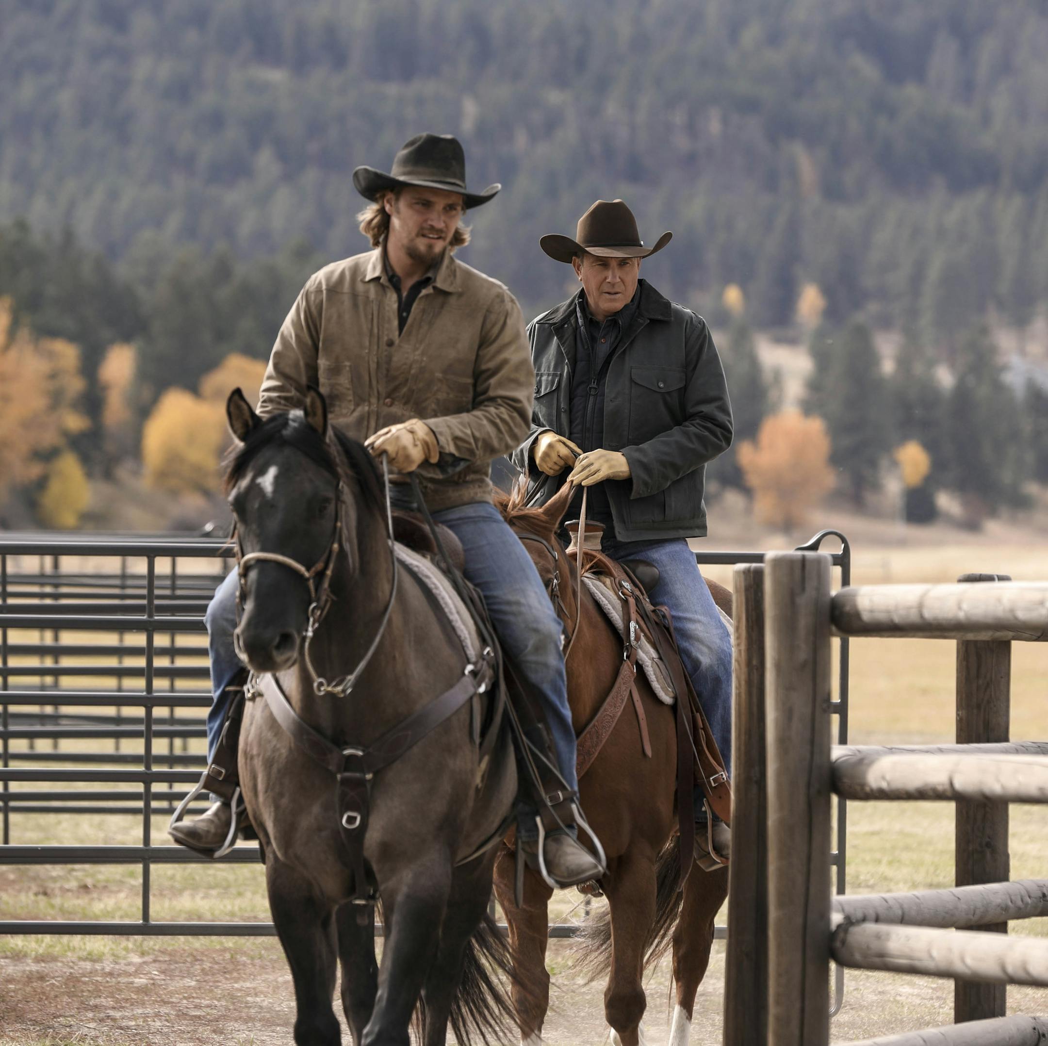 Kayce Dutton (L-Luke Grimes) takes control of Dutton Ranch under the watchful eye of his fatherJohn Dutton (r-Kevin Costner) in Season 2 of "Yellowstone" which premieres on Paramount Network starting Wednesday, June 19 at 10 PM, ET/PT.