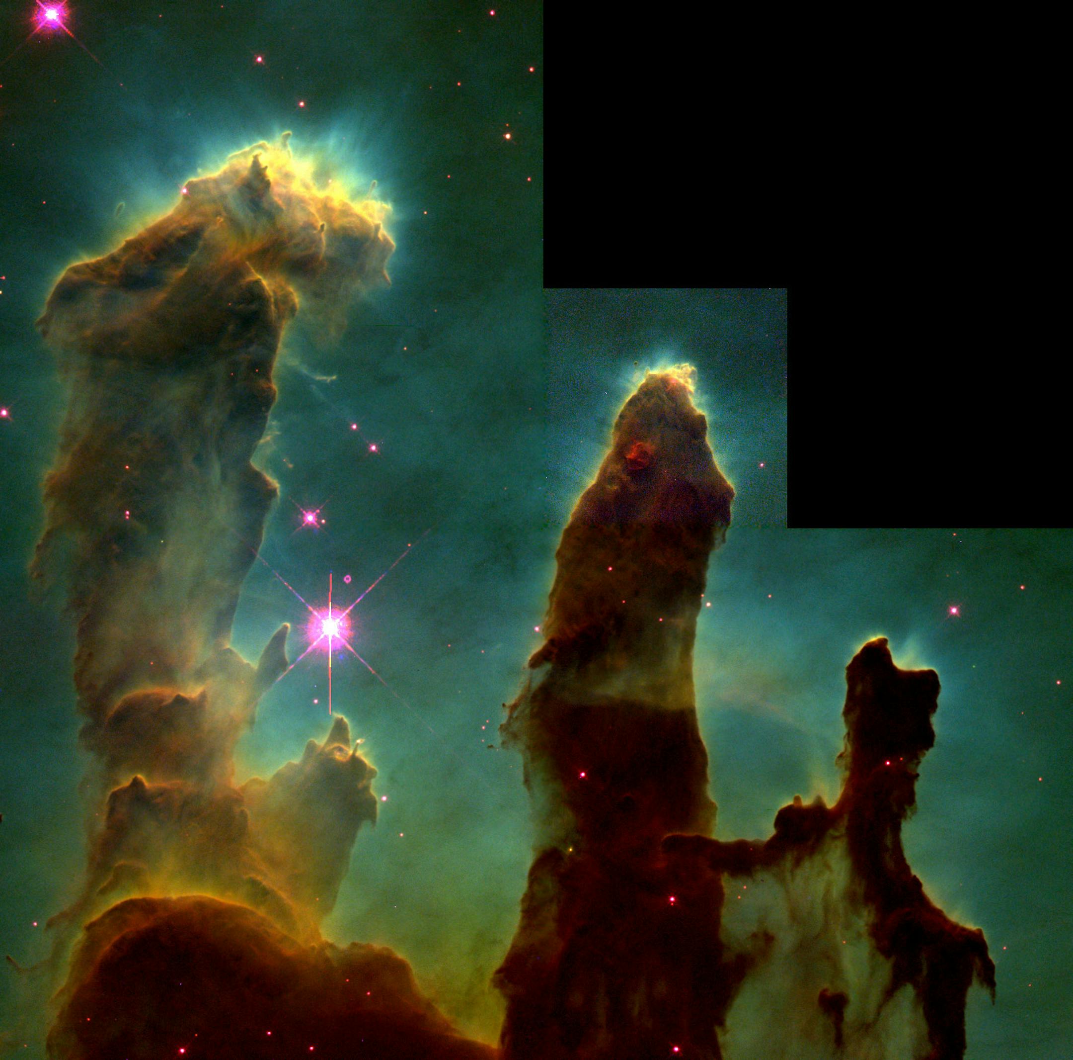Undersea coral? Enchanted castles? Space serpents? These eerie, dark pillar-like structures are actually columns of cool interstellar hydrogen gas and dust that are also incubators for new stars. The pillars protrude from the interior wall of a dark molecular cloud like stalagmites from the floor of a cavern. These columns that resemble stalagmites protruding from the floor of a cavern columns are in fact cool interstellar hydrogen gas and dust that act as incubators for new stars. Inside them a