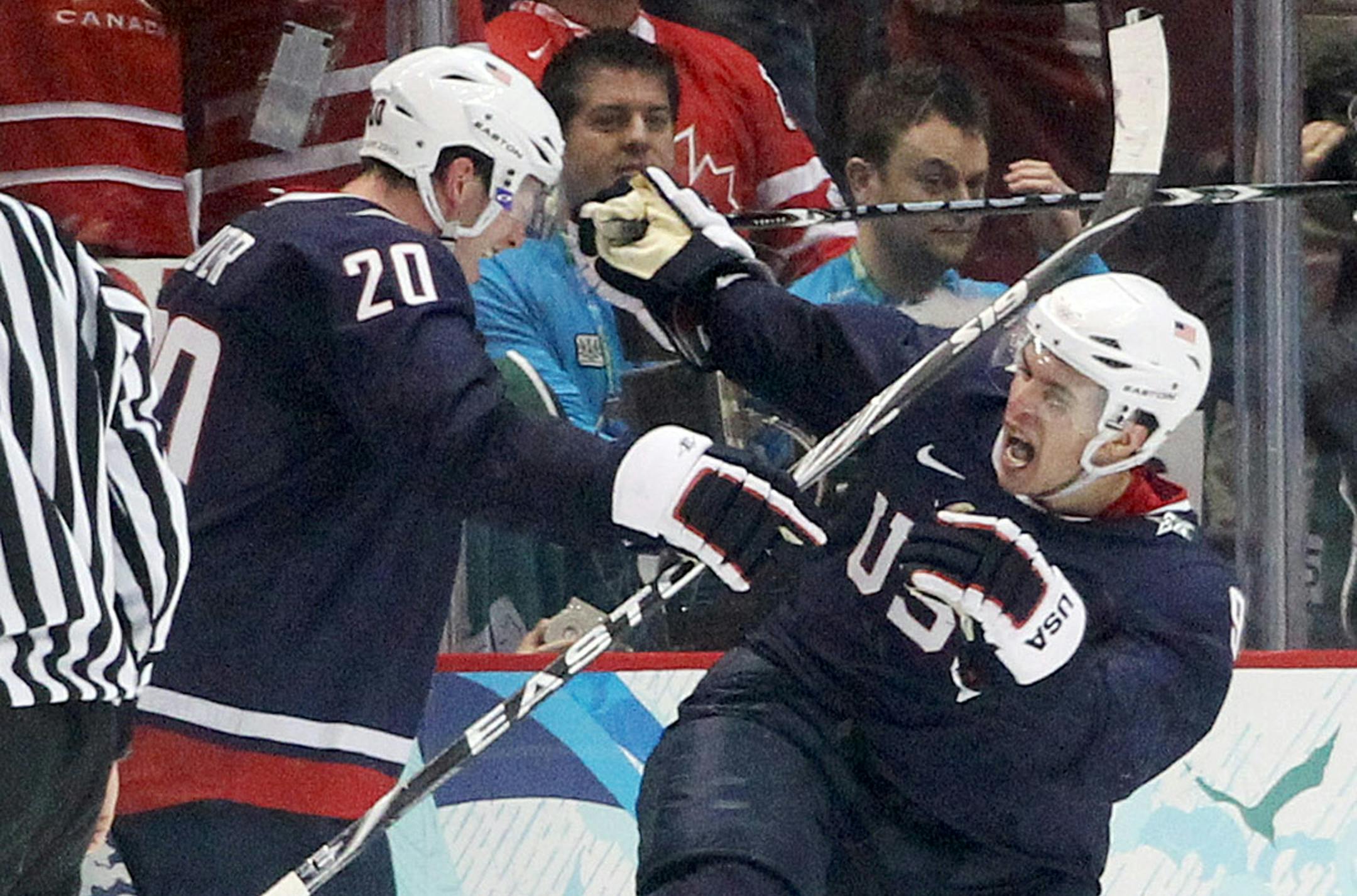 Zach Parise and Ryan Suter celebrated Parise's tying goal for Team USA in the gold-medal game against Canada in the 2010 Olympics in Vancouver.