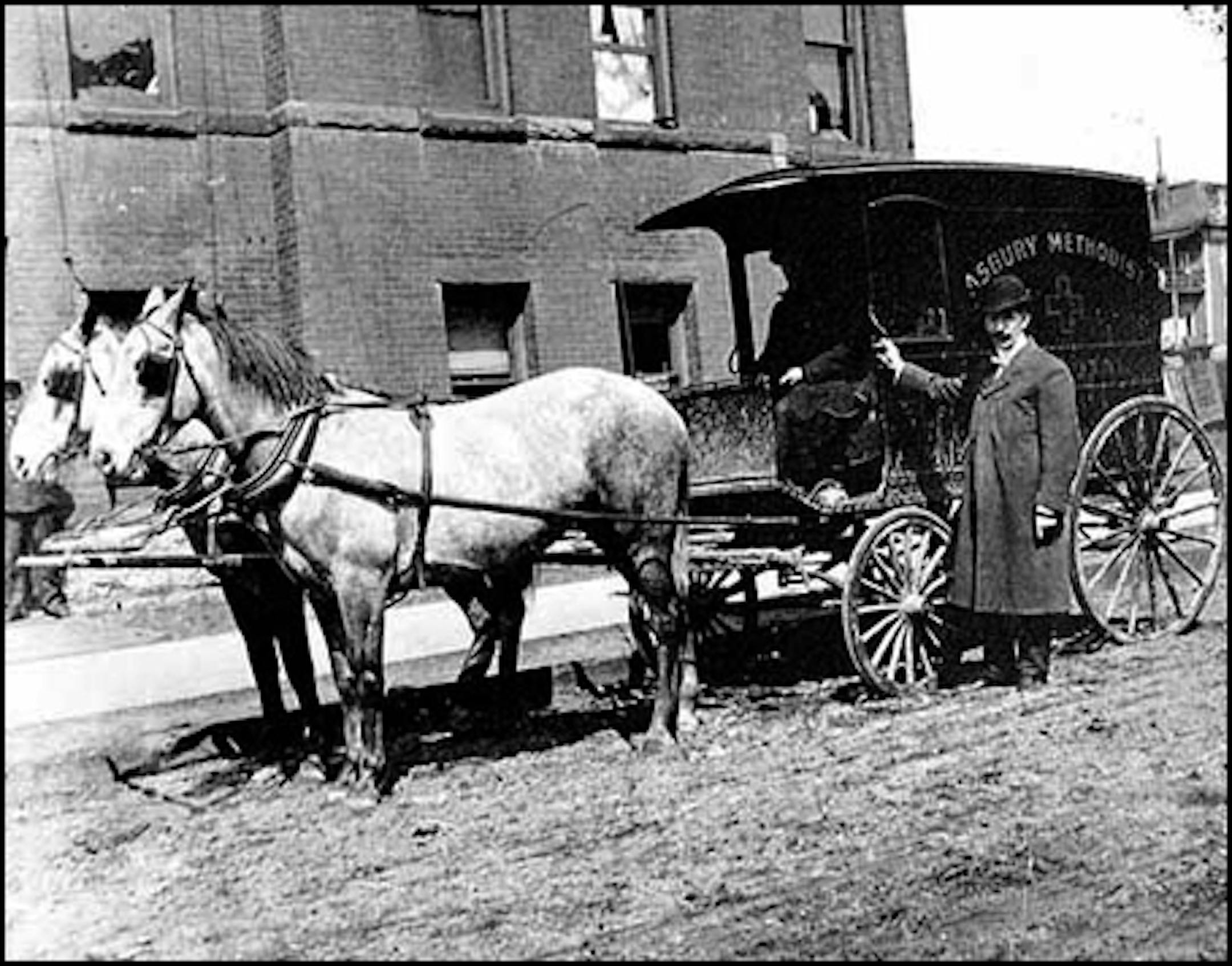 Asbury Hospital ambulance in Minneapolis in about 1895.