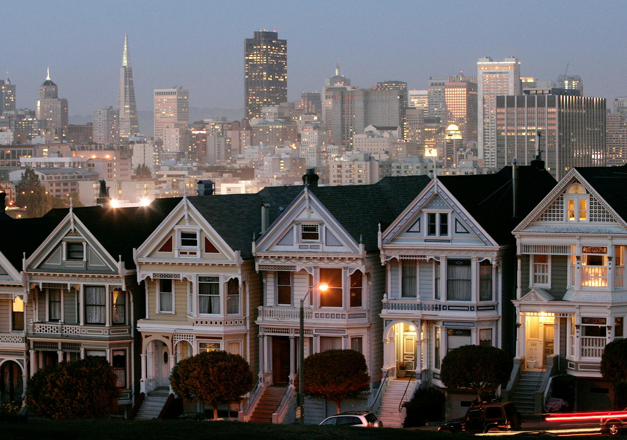 FILE-In this Monday, May 12, 2008, file photo, a row of historical Victorian homes, underscore the San Francisco skyline in a view from Alamo Square,Calif. Apartment rents in San Francisco have soared beyond the lofty levels of the original Internet boom more than a decade ago. This time, itís being driven by well-paid software engineers and Web designers who are flocking to Silicon Valley. (AP Photo/Marcio Jose Sanchez, FIle) ORG XMIT: NYBZ104