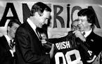 November 17, 1985 Vice President George Bush received a University of Minnesota jersey from Skip Nelson, of Minnesota College Republicans, at the airp