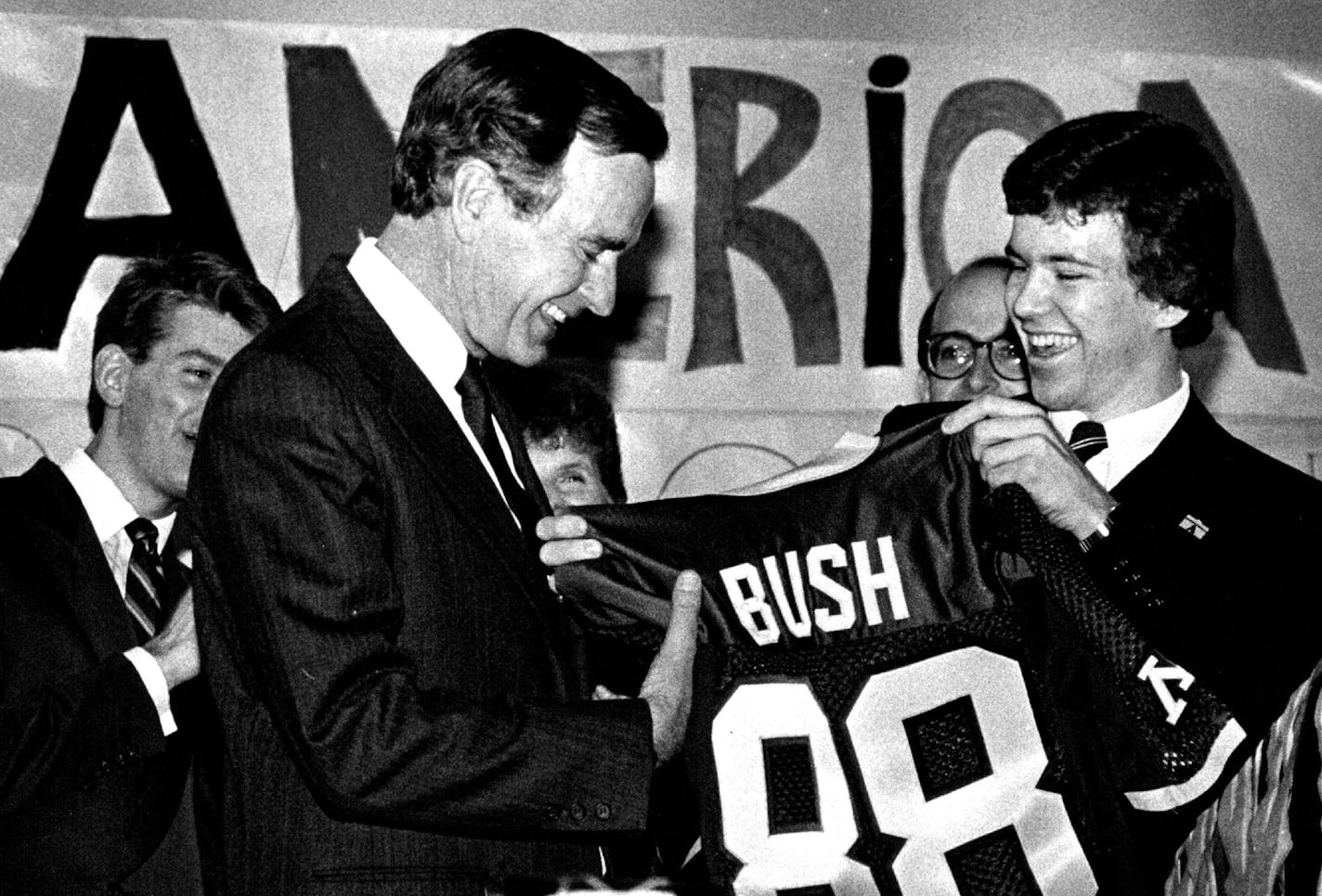 November 17, 1985 Vice President George Bush received a University of Minnesota jersey from Skip Nelson, of Minnesota College Republicans, at the airport rally. Mike Zerby, Minneapolis Star Tribune