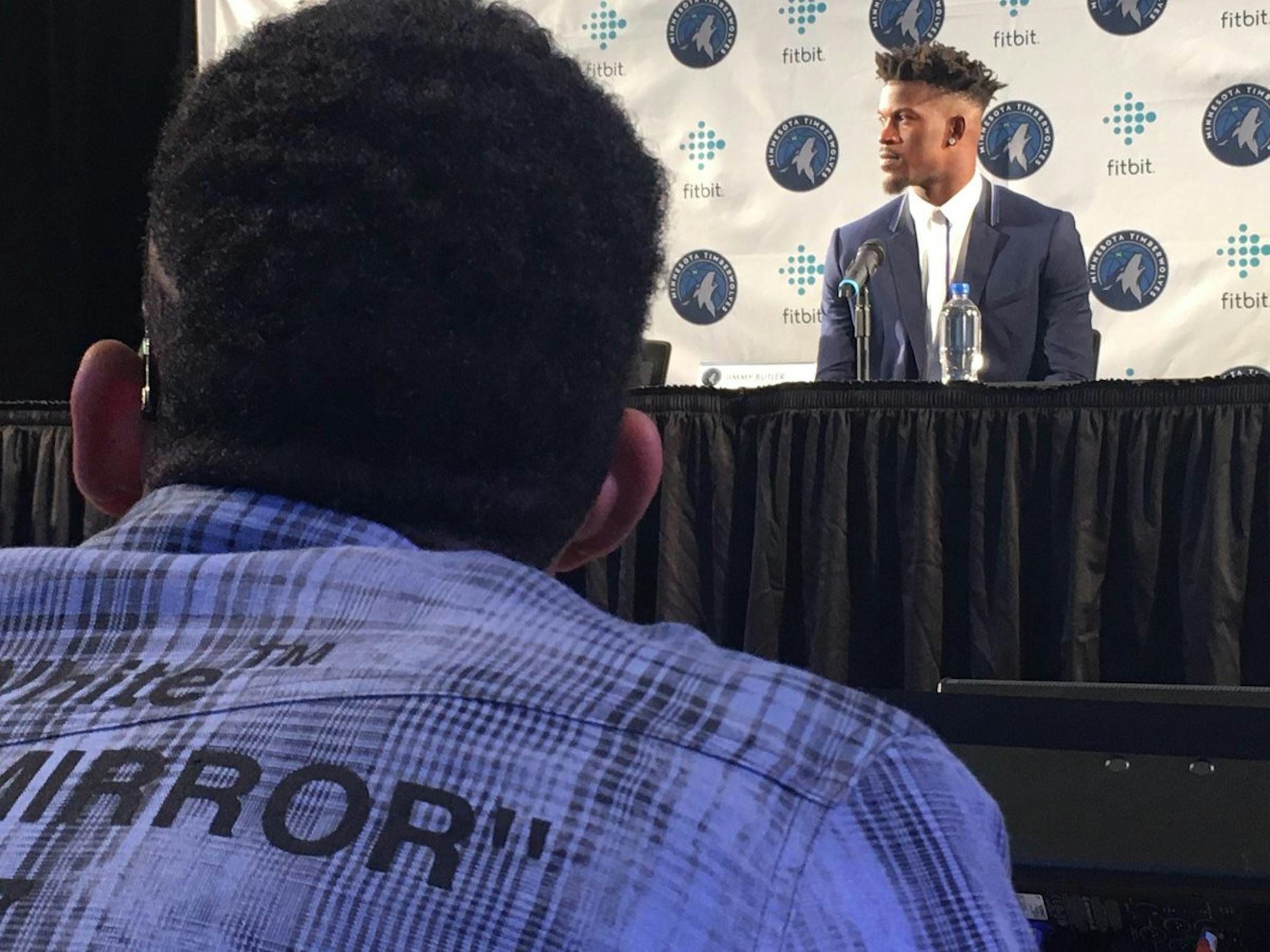 Karl-Anthony Towns looked on Thursday morning during Jimmy Butler's press conference at the Mall of America.
