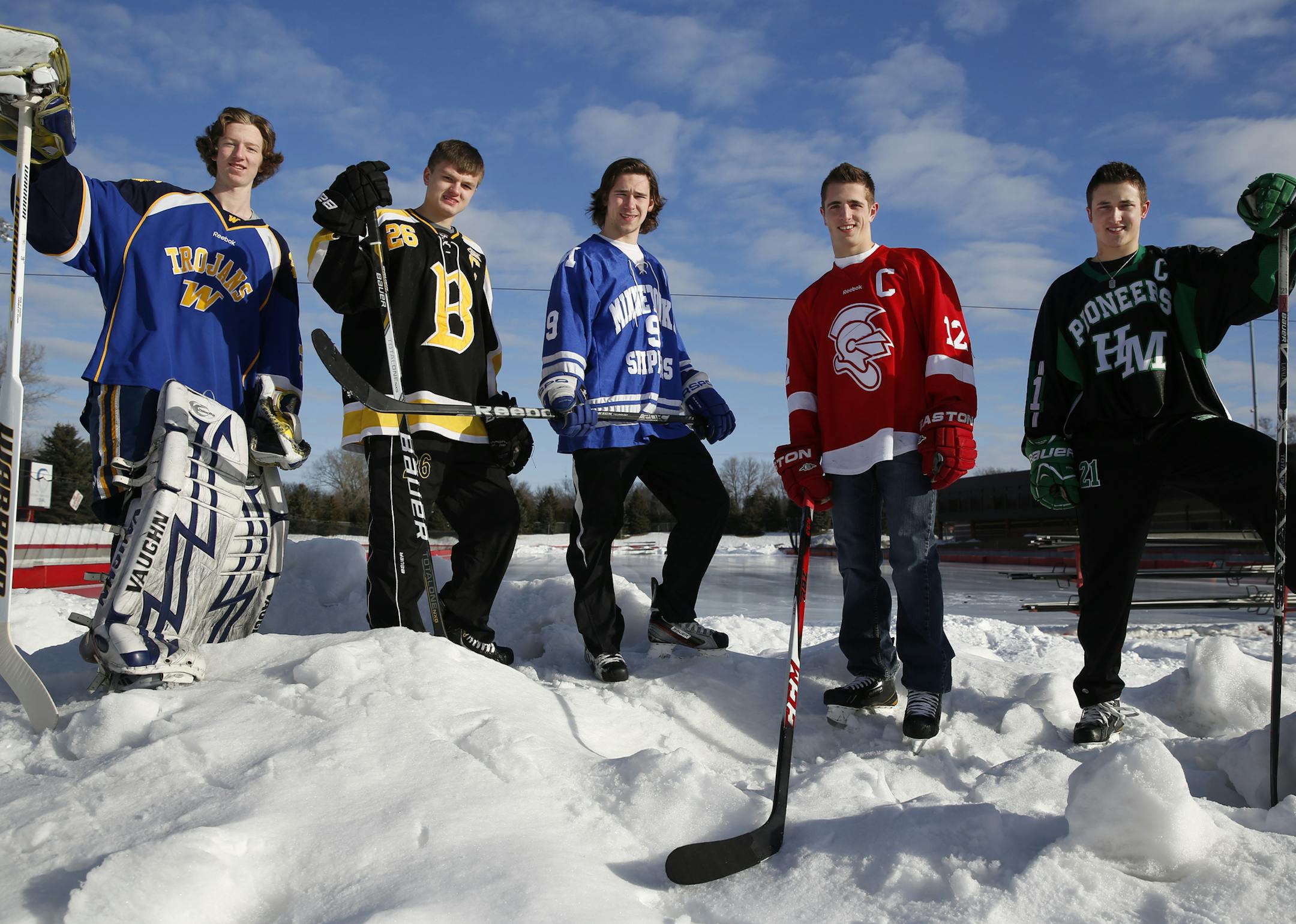 Aaron Dingmann of Wayzata, Teemu Kivihalme of Burnsville, Max Coatta of Minnetonka, Grant Besse of Benilde St. Margaret, and Zach LaValle of Hill Murray are members of the all-metro hockey team. Besse is player of the year.