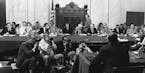 FILE - In this Aug. 3, 1973, file photo, the Senate Watergate Committee hearings continueon Capitol Hill in Washington. From left are: Sen. Lowell P. 
