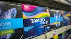 Boxes of tampons at a pharmacy in New York.