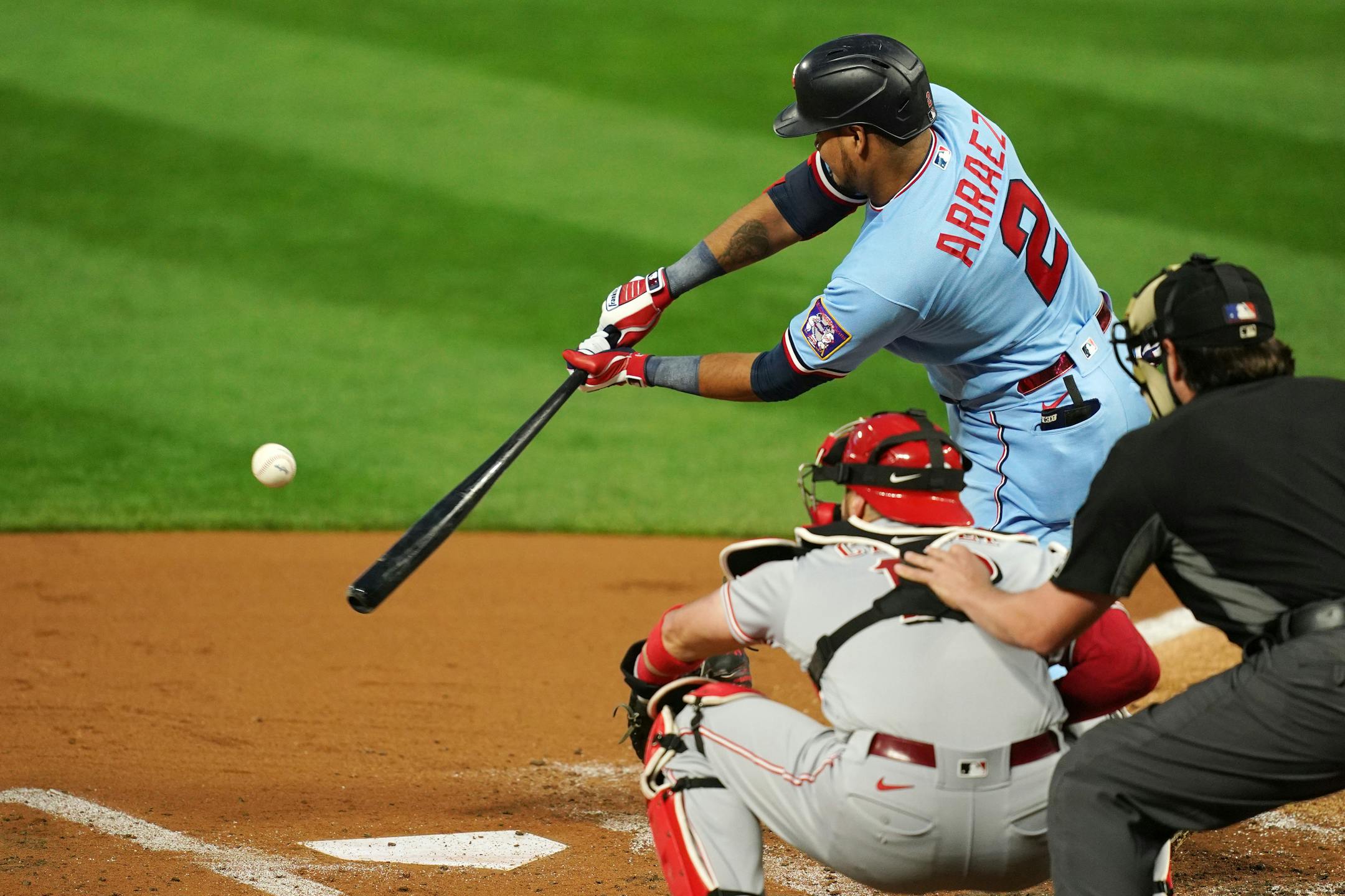 Twins second baseman Luis Arráez connected with the ball for a double in the first inning.