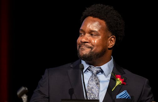 Michael Houston, a mathematics teacher at Harding High School in St. Paul Public Schools, gives an acceptance speech after being named 2023 Minnesota Teacher of the Year.