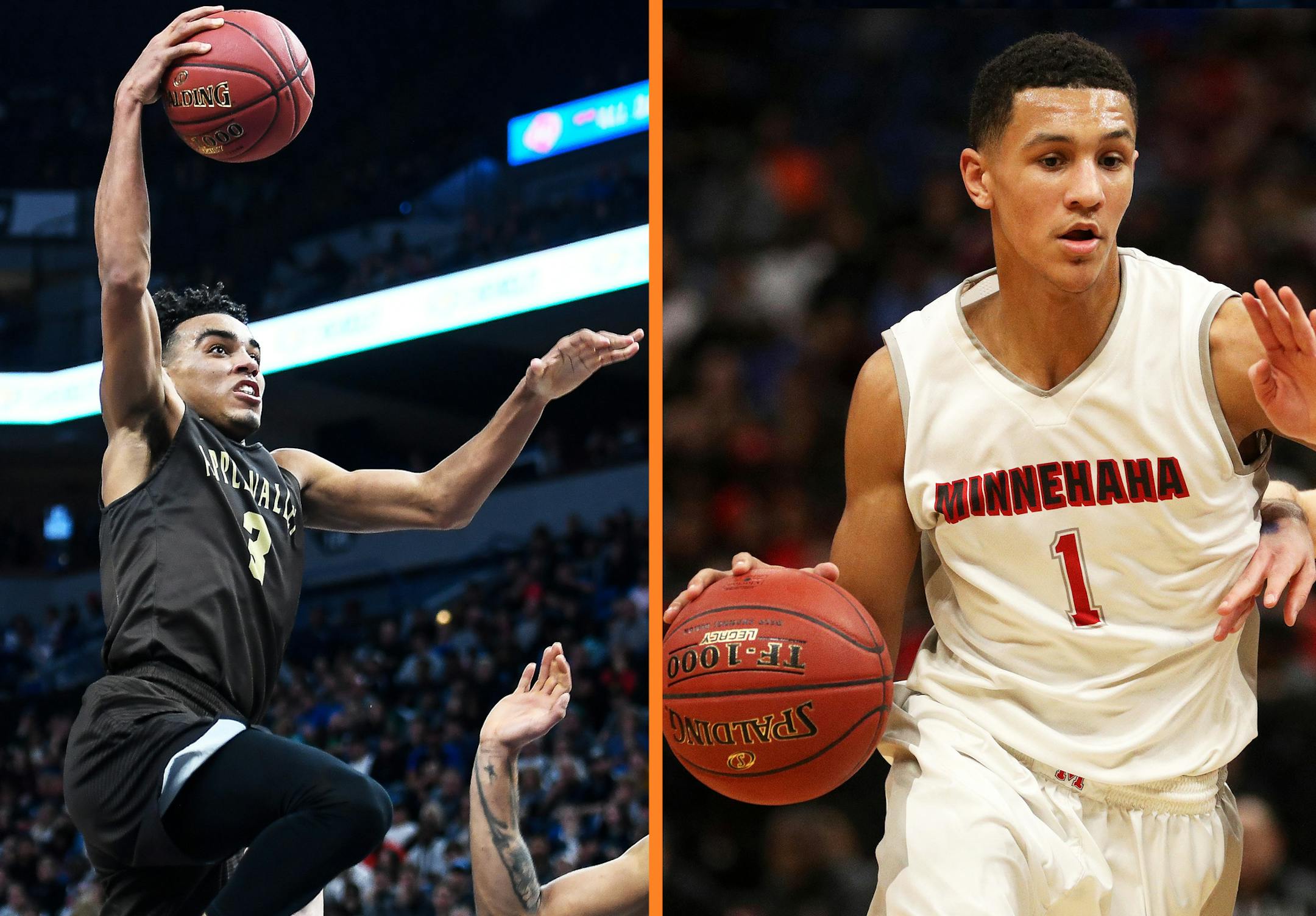 Apple Valley guard Tre Jones, left, and Minnehaha Academy's Jalen Suggs.