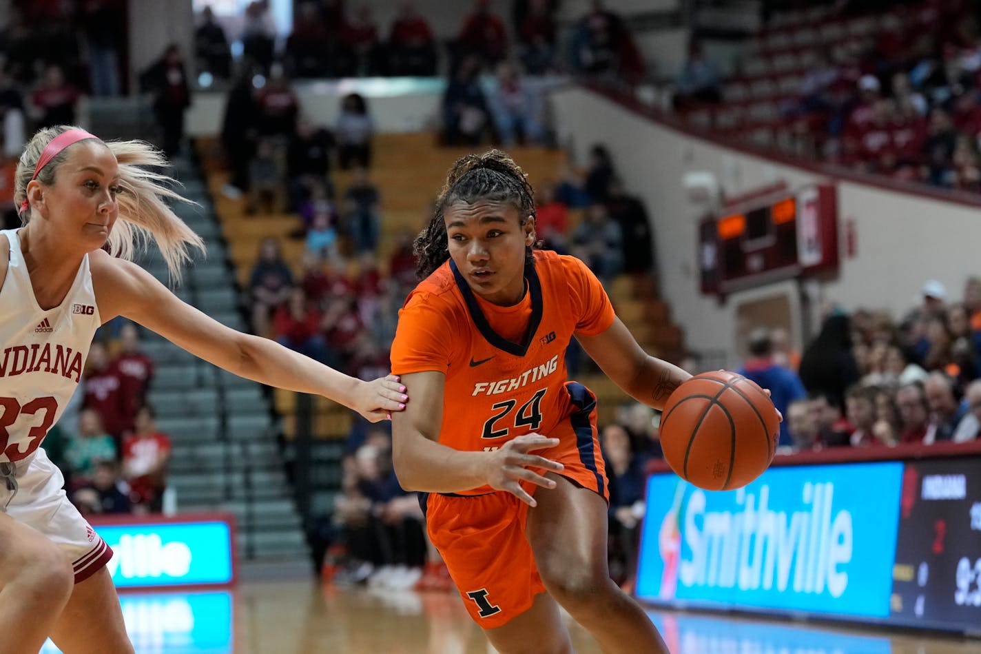 Illinois guard Adalia McKenzie (24) in action as Illinois played Indiana in an NCAA college basketball game in Bloomington, Ind., Sunday, Dec. 4, 2022. (AP Photo/AJ Mast)